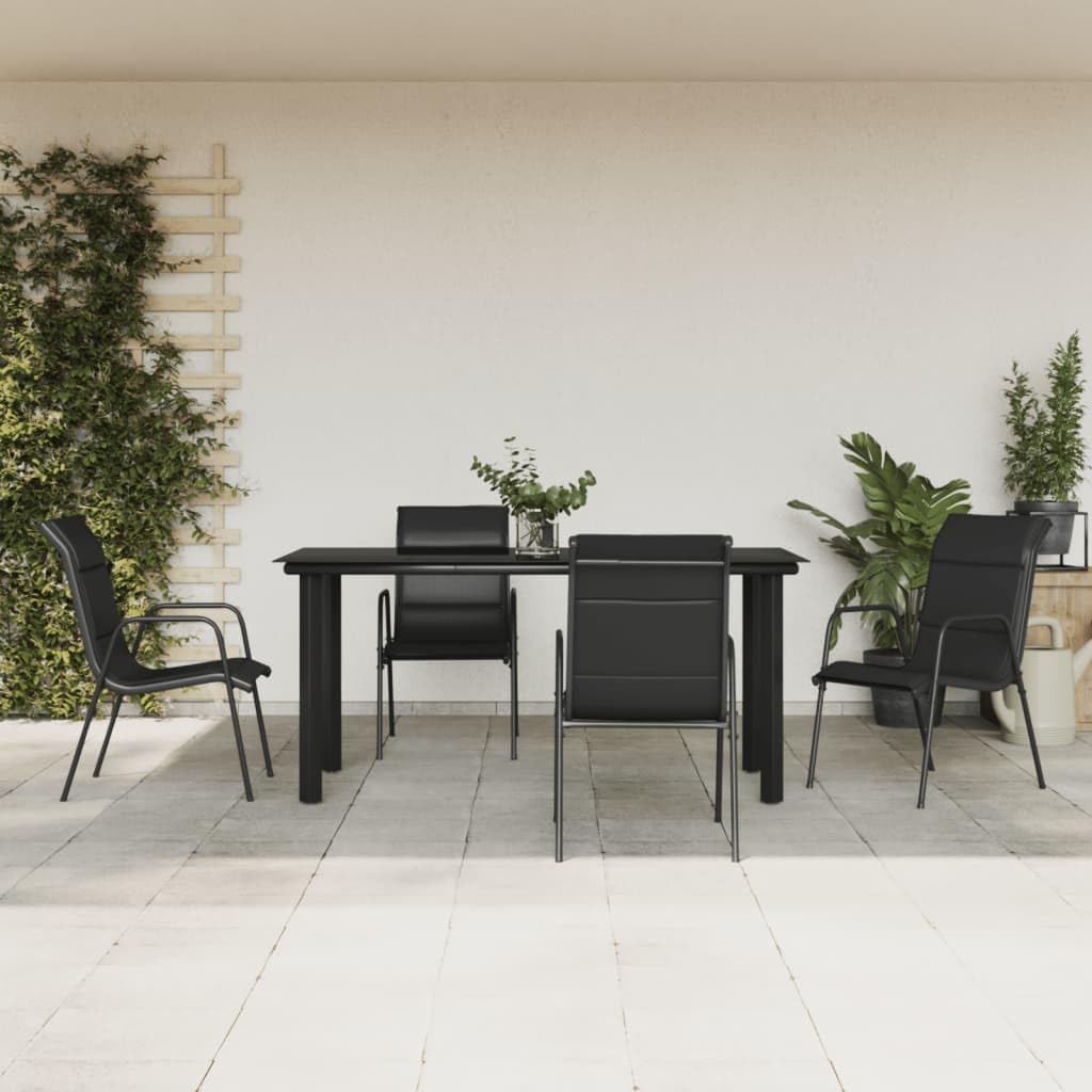 Furniture Sets 5 Piece Patio Dining Set Black Steel and Textilene,Elegant Outdoor Dining Set with Tempered Glass Tabletop and Comfortable Textilene Chairs Garden Conversation Sets