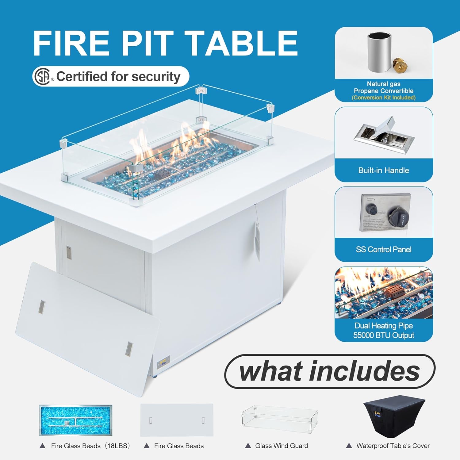 FINCATI Propane Fire Pit,43 Inch 50,000 BTU Aluminum Fire Outdoor Gas Fire Pit with Lid &Glass Beads & Wind Guard, Firepit Table for Outside Patio Balcony White