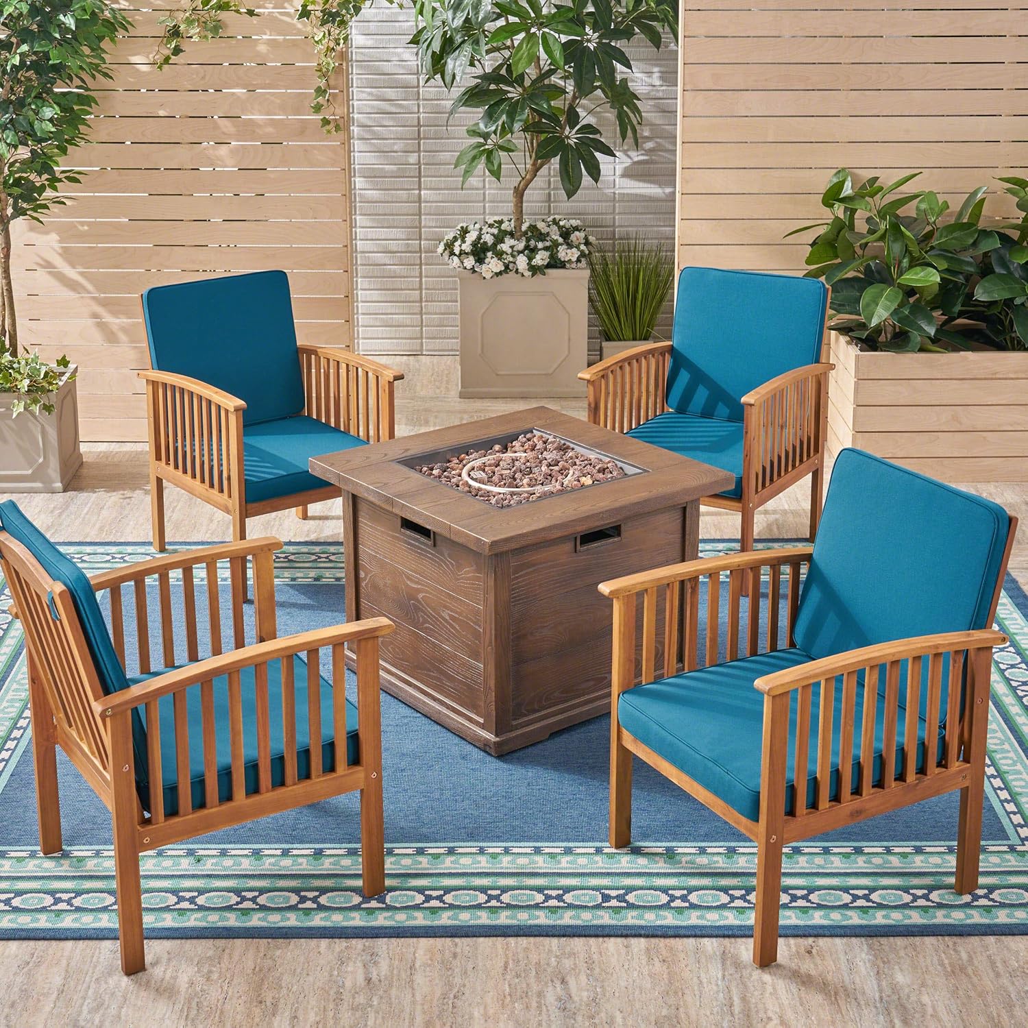 GDFStudio Outdoor 4-Seater Acacia Wood Club Chairs with Firepit, Brown Patina Finish and Dark Teal and Wood Pattern