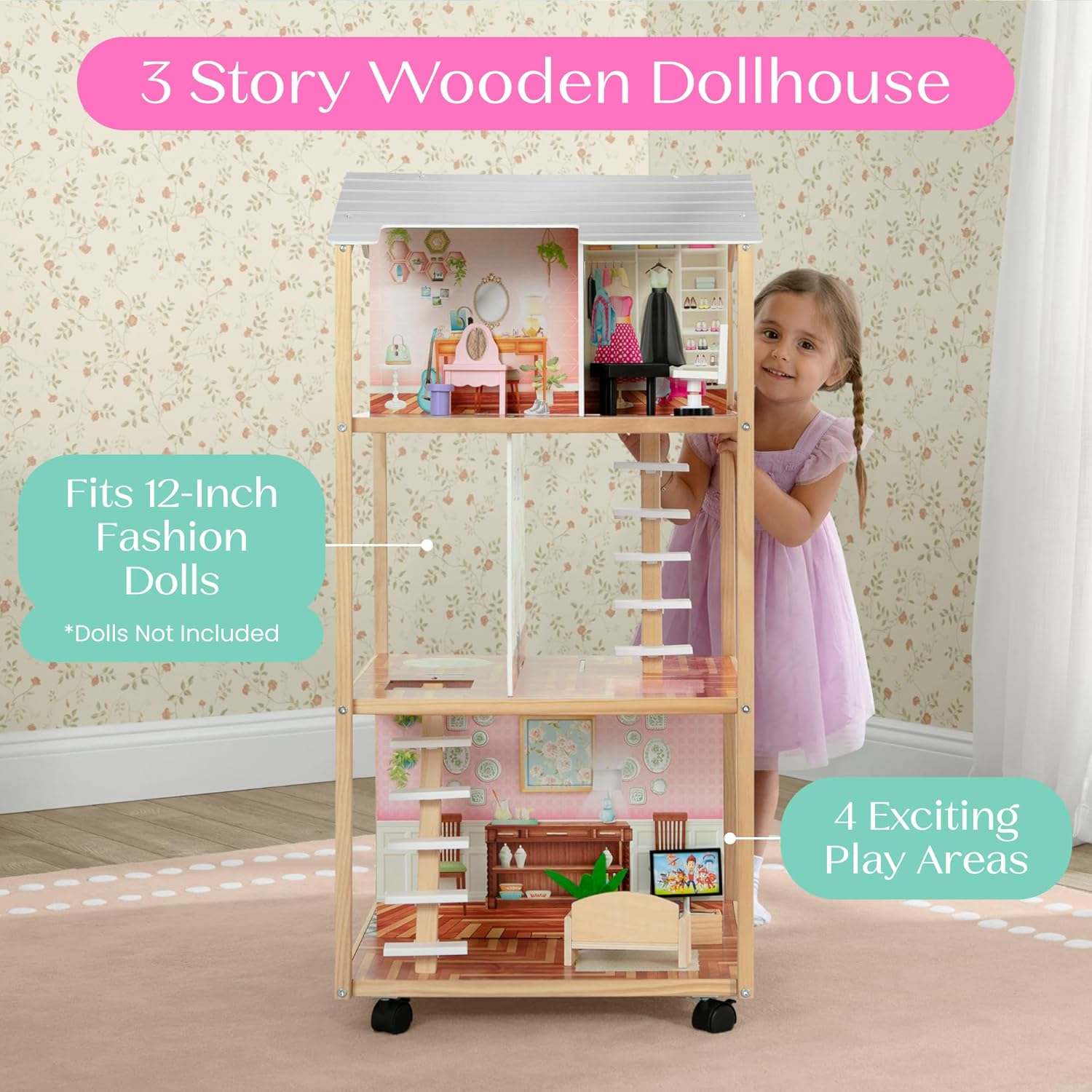 Delta Children Moveable Mansion Dollhouse - 360-Degree Play Dollhouse with Wheeled Base - Includes 16 Accessories - Fits 12-inch Dolls - Pretend Play Dream Gift for Ages 3+