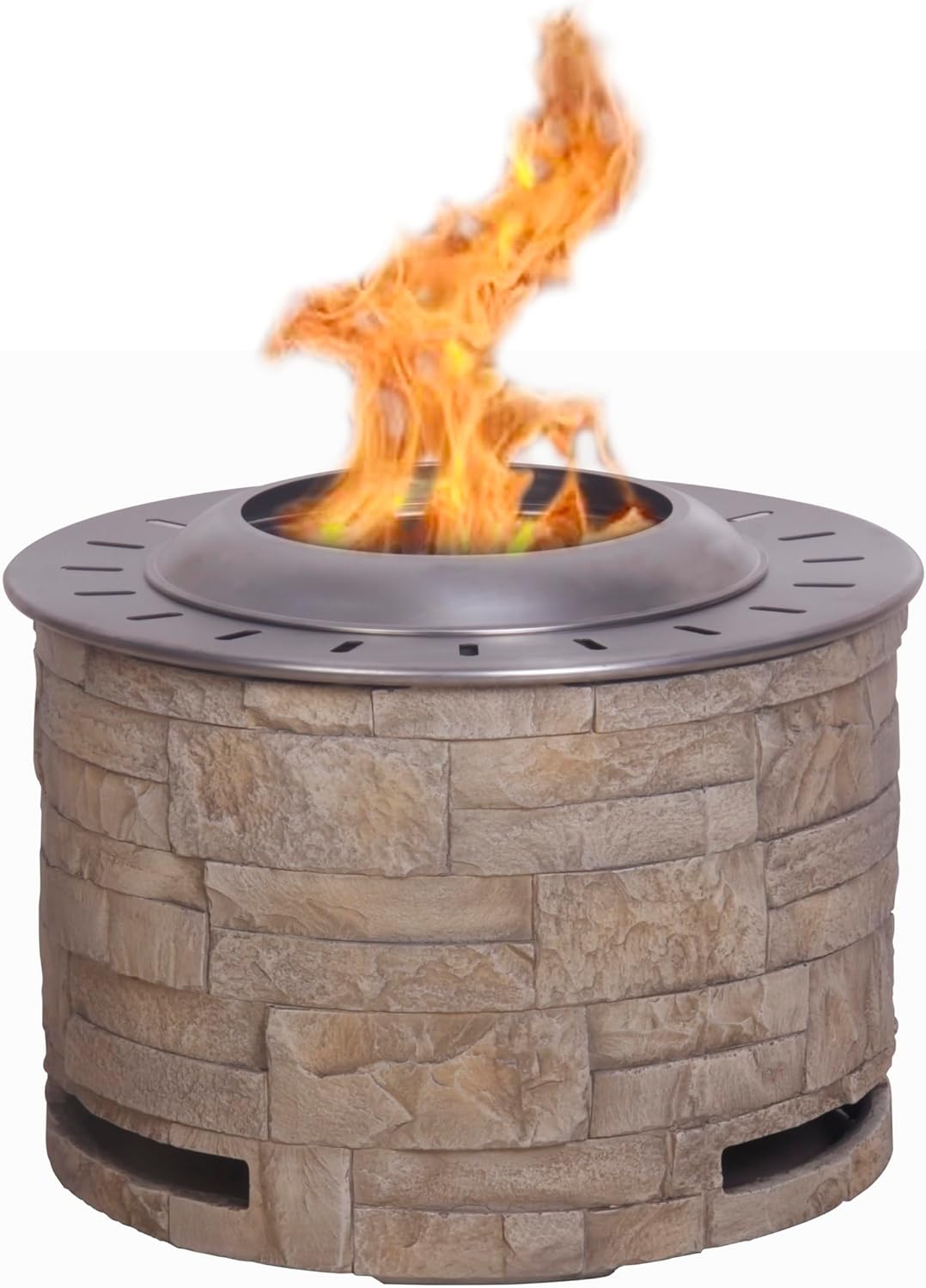 20.5 Inch x 15 Inch Round Stainless Steel Smokeless Firepit with Wood Pellet/Twig/Wood As The Fuel, Stack Stone Look, Yellow