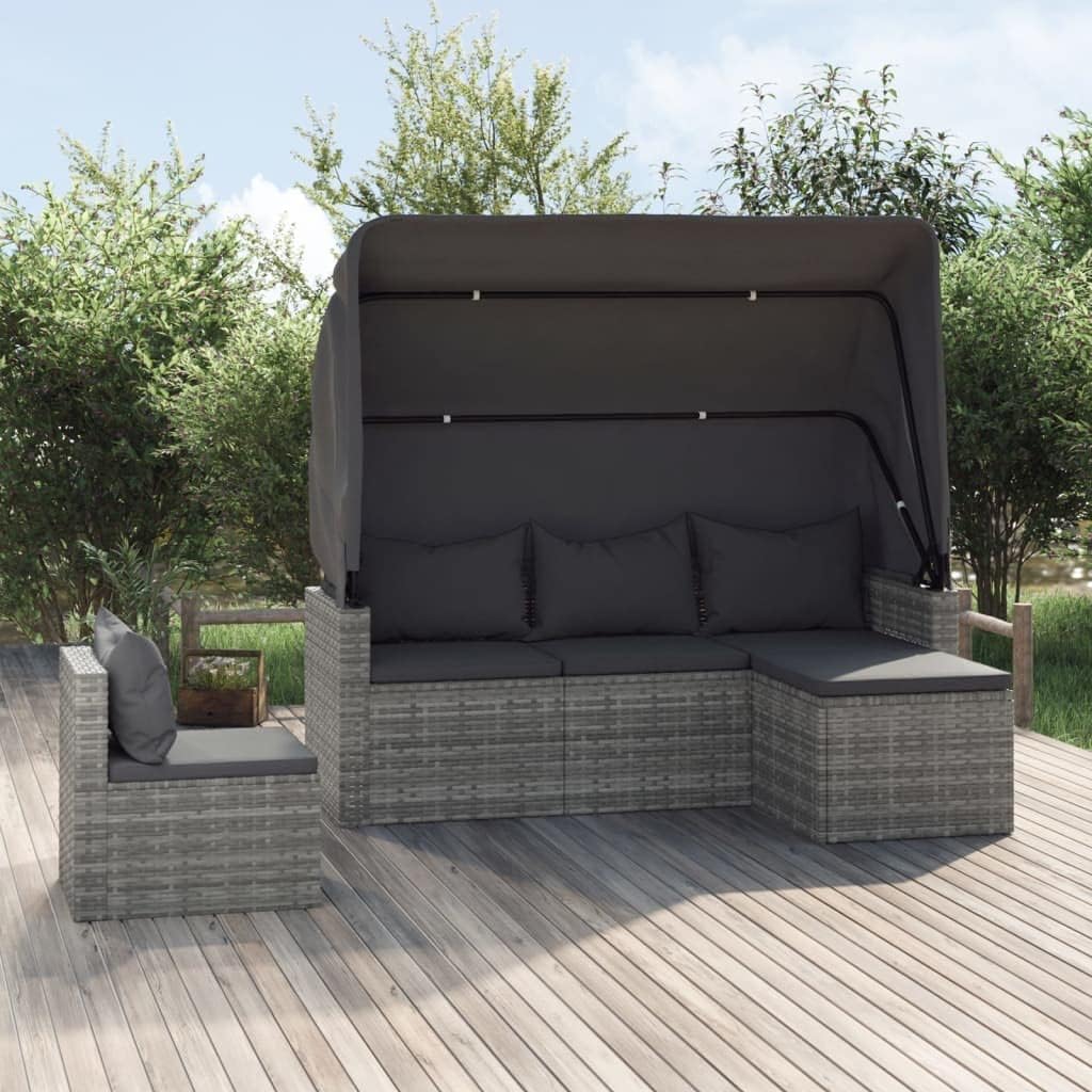 4 Piece Patio Sofa Set with Cushions Gray Poly Rattan,3Piece Rattan Sofa Set with Adjustable Roof and Cushions for Outdoor Patio Garden Patio Furniture Sets, Outdoor Furniture Sets