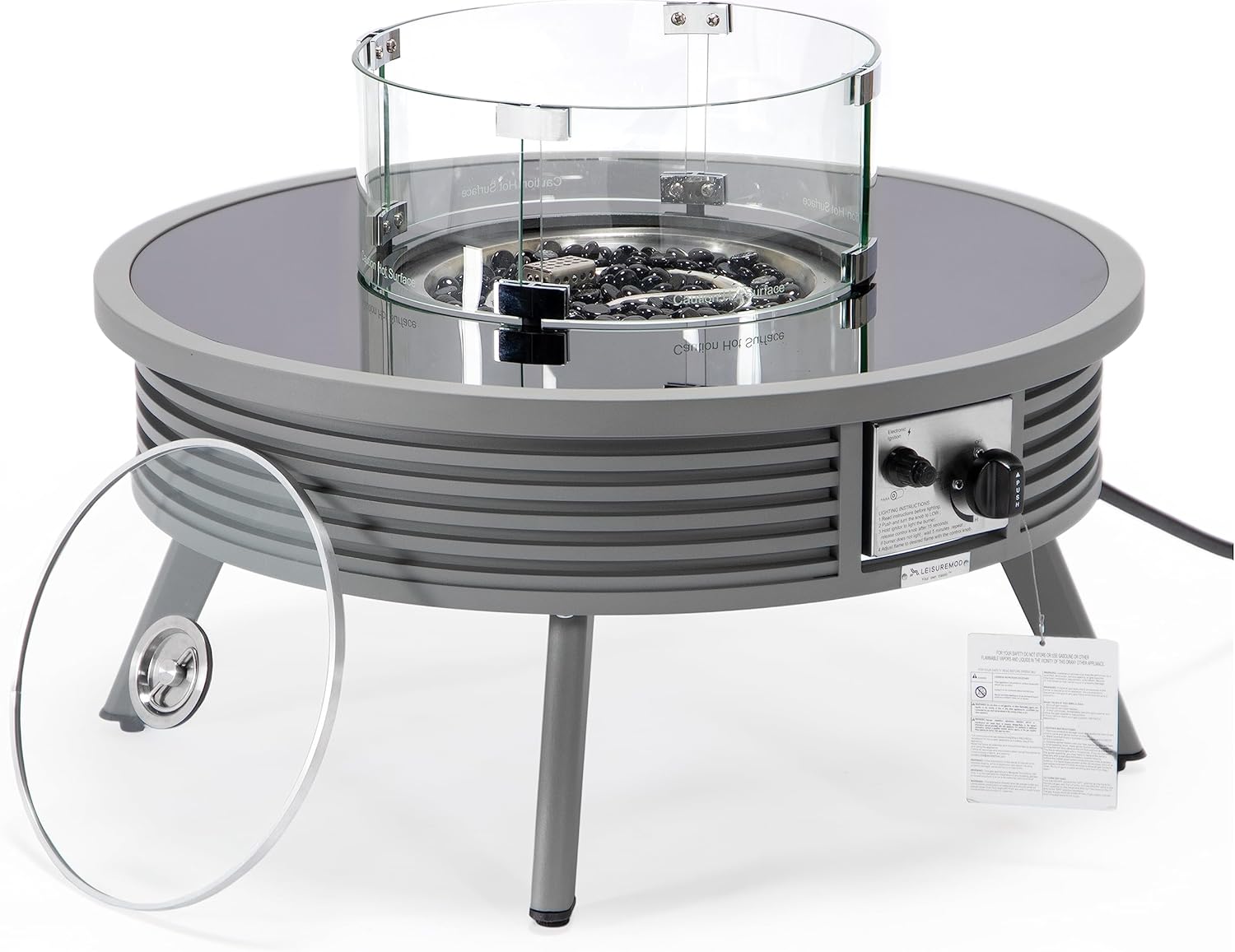 LeisureMod Walbrooke Modern Outdoor Round Fire Pit Table with Powder-Coated Aluminum Frame and Slats Design for Patio and Backyard Garden, Grey