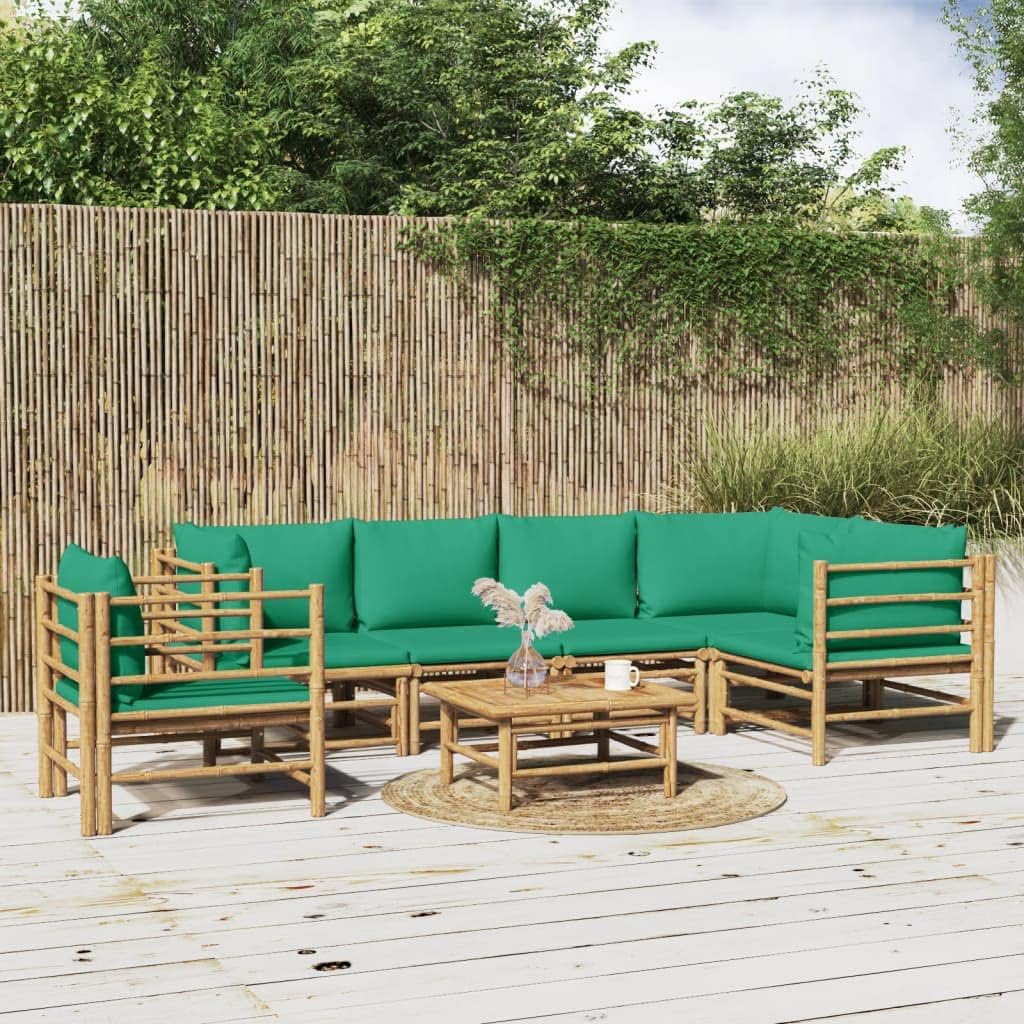 7 Piece Patio Lounge Set with Green Cushions Bamboo,Elegant Bamboo Patio Lounge Set: Comfort, Durability, and Versatility for Your Outdoor Space Patio Furniture Sets, Outdoor Furniture Sets