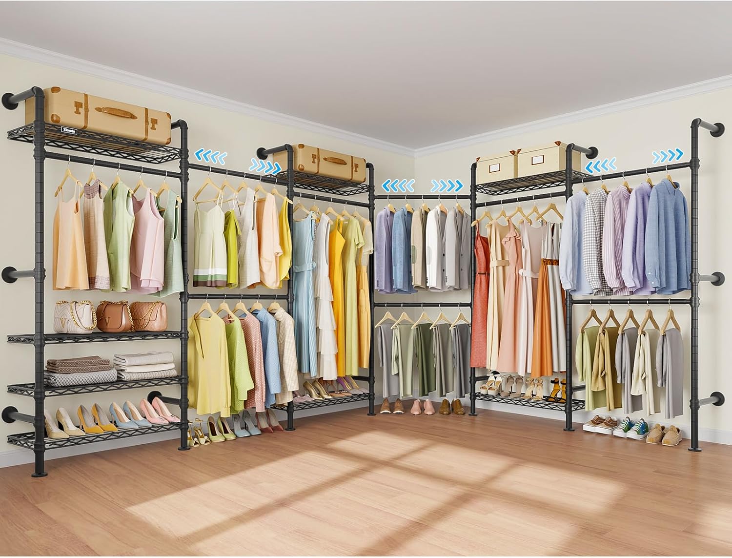 Timate L6 Closet Rack Wall Mount for Corner - Expandable Industrial Pipe Closet , Heavy Duty Hanging Garment Rack, Closet Organizer Storage Solution for Wardrobe, Bedroom, Walk-in Closets, Black