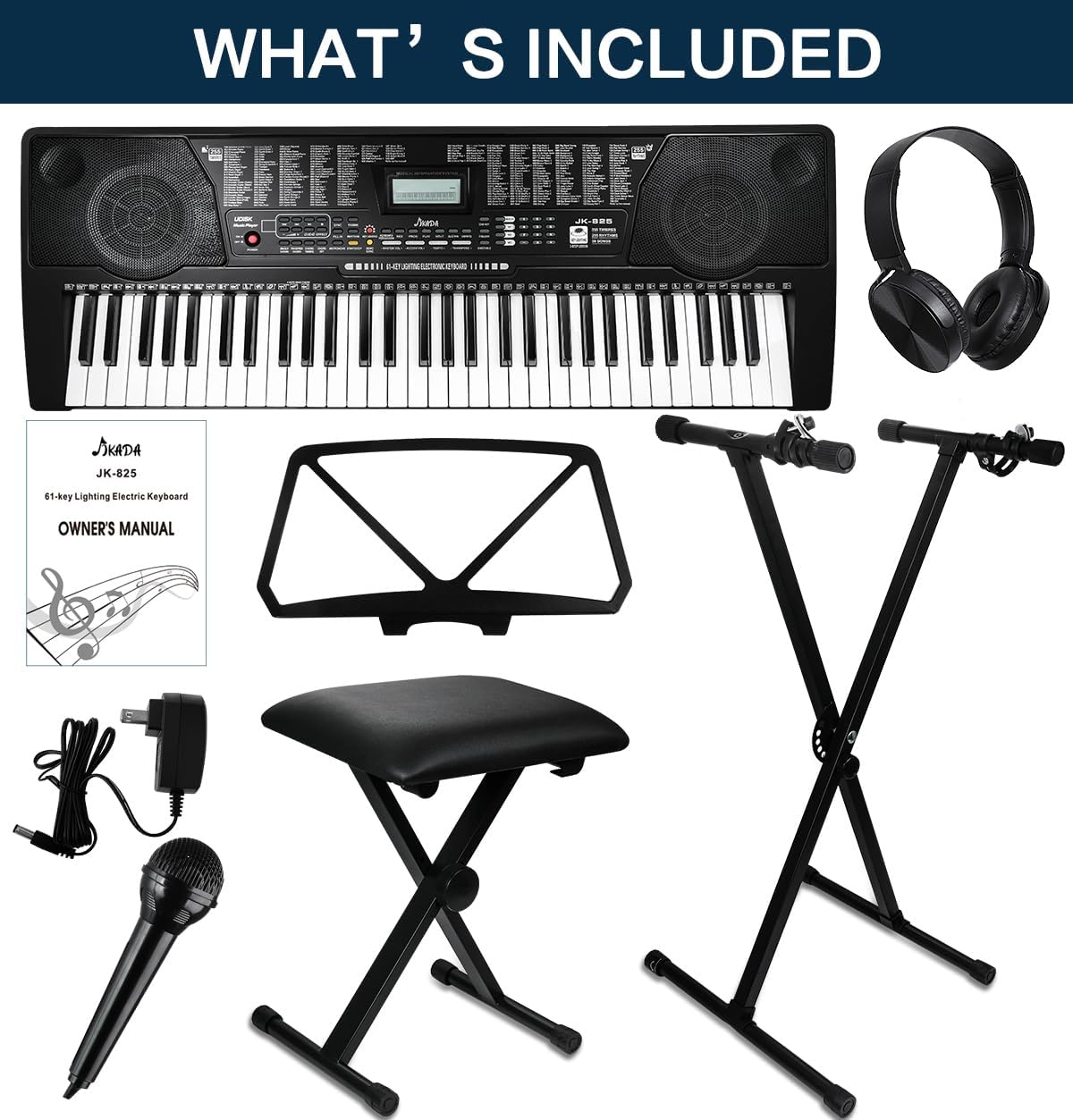 61 Key Portable Electronic Keyboard Piano w/Lighted Full Size Keys, LCD, Headphones, X-Stand, Stool, Music Rest, Microphone, Note Stickers, Built-In Speakers,3 Teaching Modes