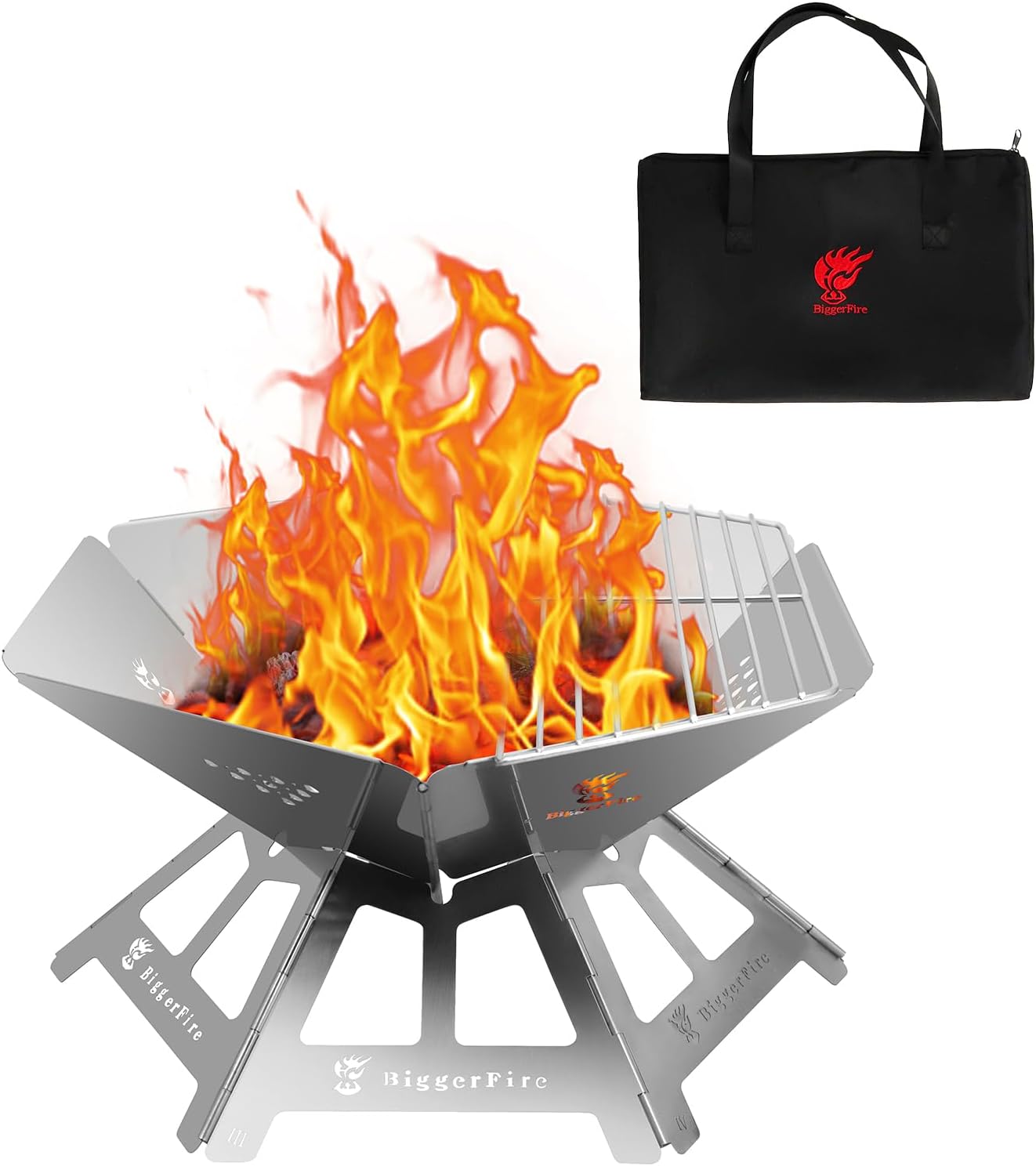 Foldable Portable Fire Pit,Stainless Steel Fire Pits with Charcoal Grill Net and Storage Bag,Camping Fire Pit Grill for Patio Outdoor Barbecue Campfire Bonfire (Medium)