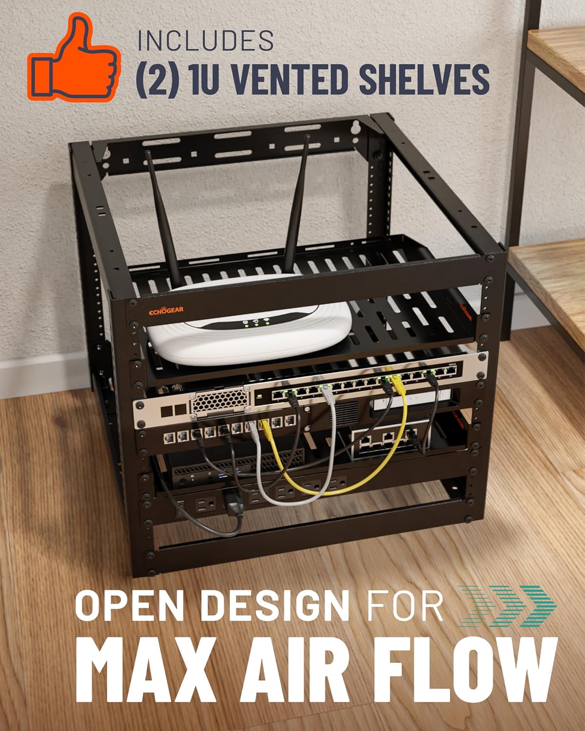 ECHOGEAR 10U Network Rack - Wall Mountable Heavy Duty 4 Post Design Holds All Your Networking & AV Gear - Open Frame Design Includes 2 1U Vented Shelves & Mounting Hardware