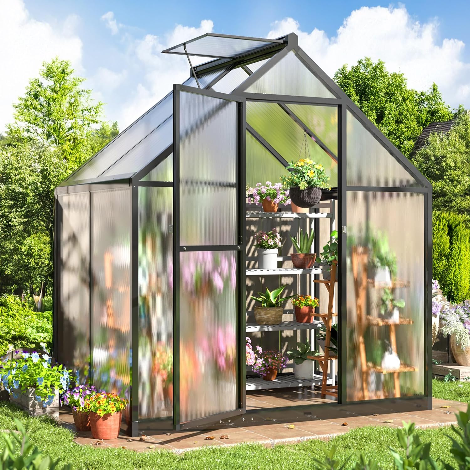 WKM Greenhouse for Outdoors 4x6 FT, Polycarbonate Green House with Roof Vent and Quick Setup Structure, Aluminum Greenhouse for Garden Backyard, Black
