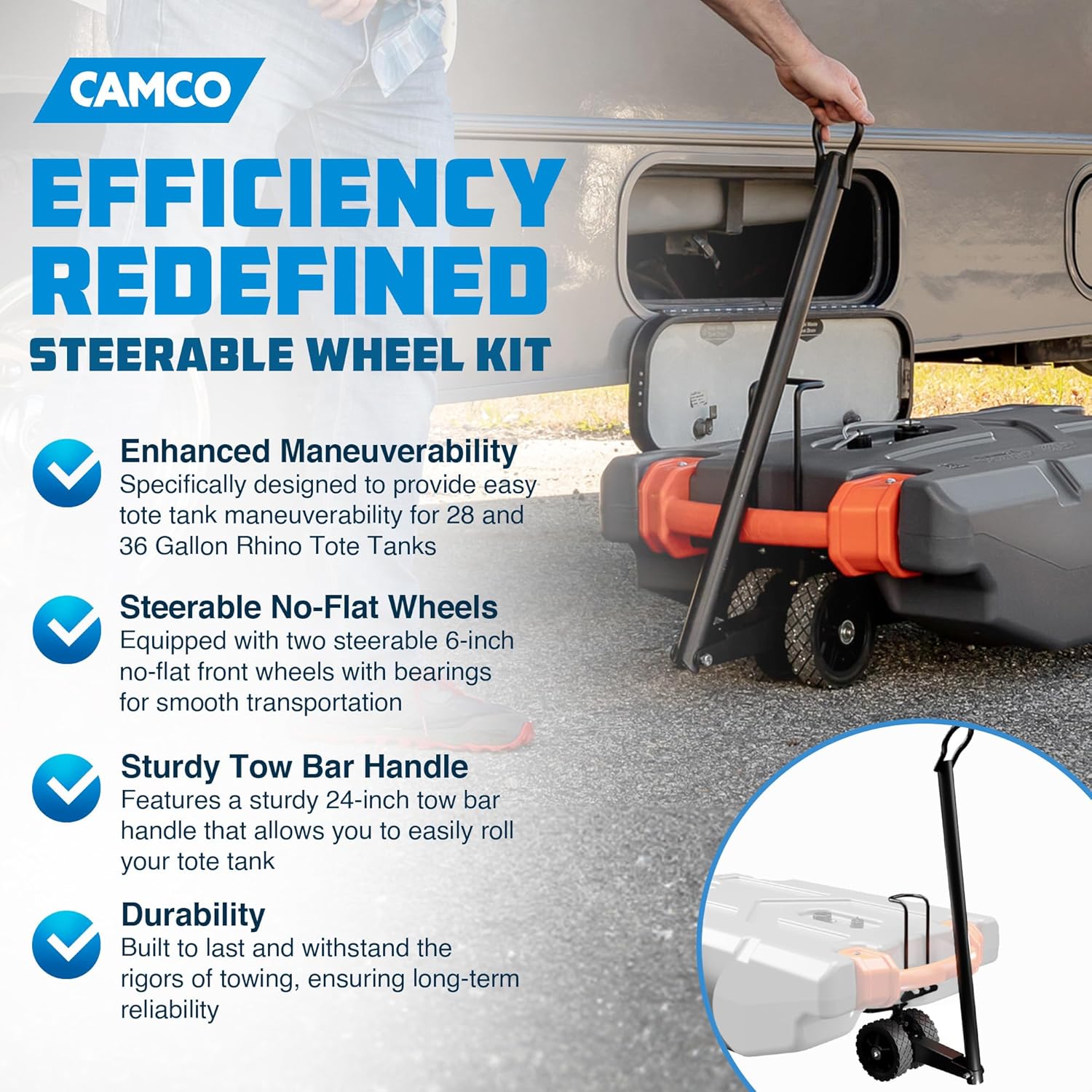 Camco Rhino Steerable Wheel Kit for 28 & 36-Gallon Rhino RV Tote Tanks - Features No-Flat Front Steerable Wheels, 24