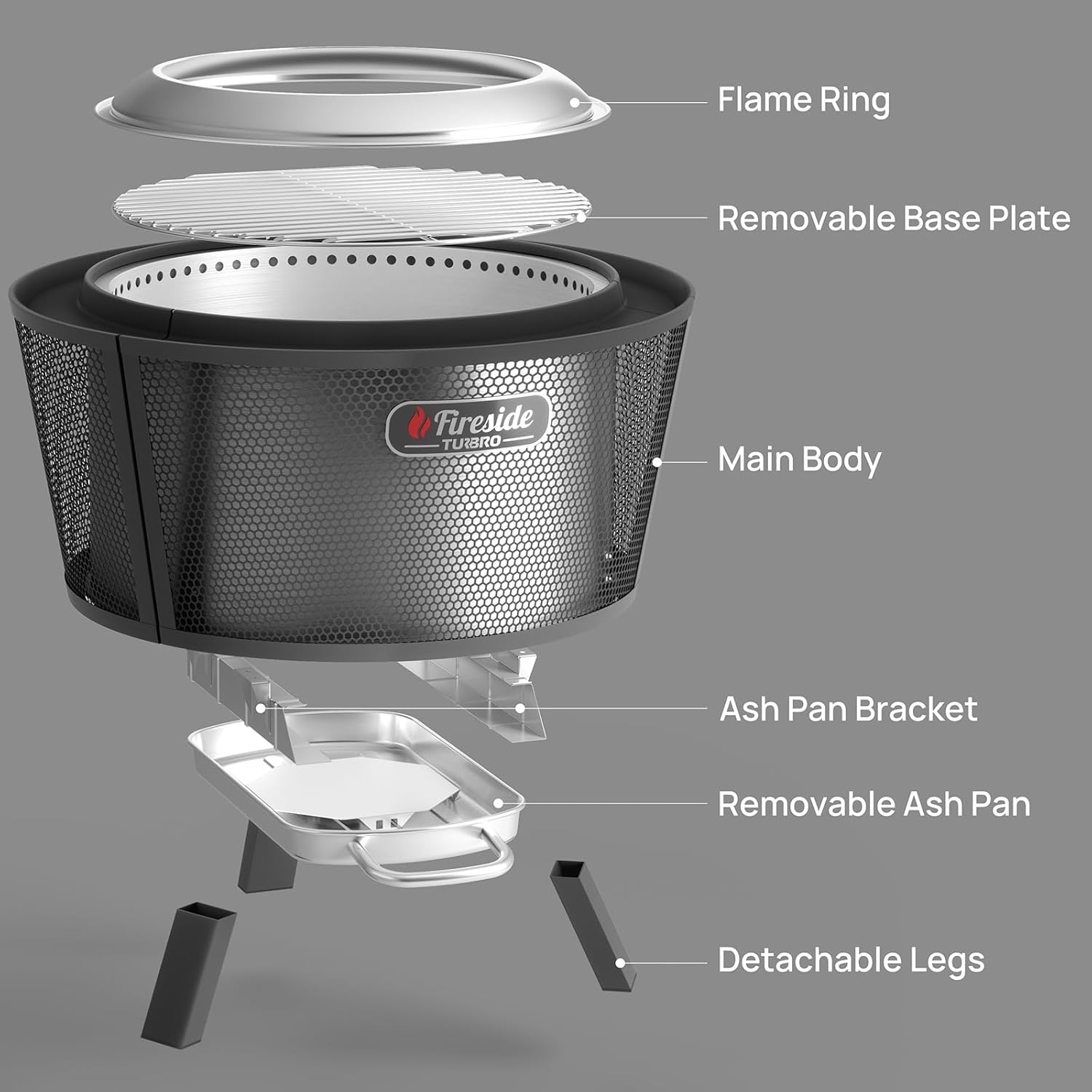 TURBRO 29 Inch Smokeless Fire Pit for Outdoor Wood Burning, Stainless Steel Camping Stove with Stand, Removable Ash Pan, Waterproof Storage Bag, Pluto R29, Black