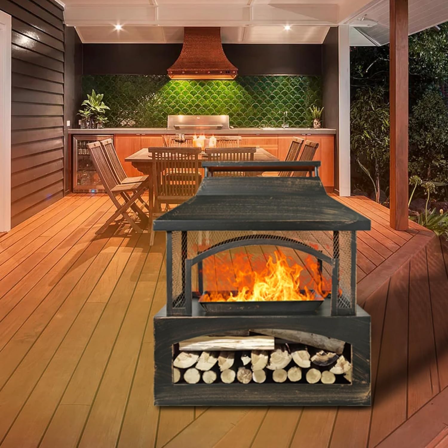 37-Inch Rectangular Metal Outdoor Wood Burning Fireplace - Outdoor Fireplace with Built-in Log Storage and Poker-Brushed Bronze,Log Burner Fire Pit for Patio Garden and Backyard