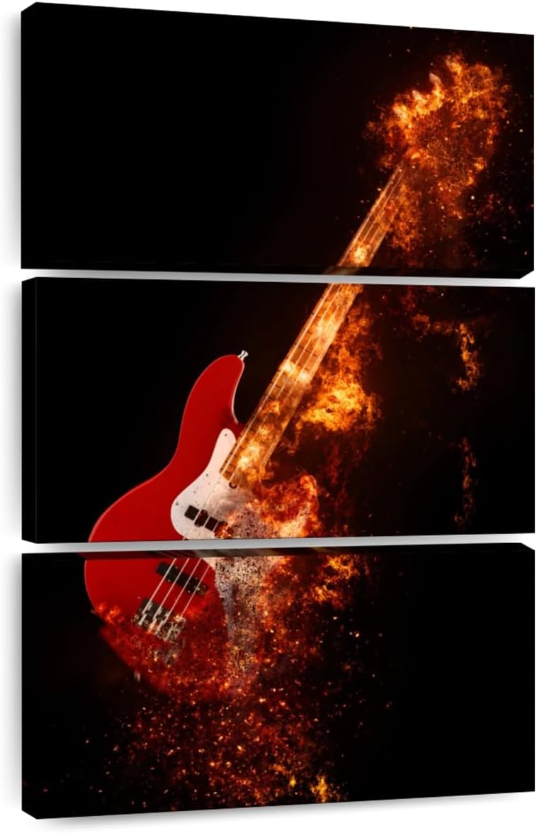 ElephantStock - Flaming Bass Guitar Wall Art - Vertical Multi Panel Canvas - 3 Piece Living Room Wall Decor - Digital Art Music Multi Piece Wall Art - Black And Orange Decor - 48