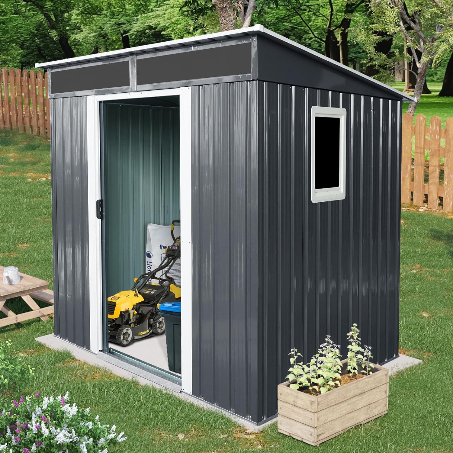 6x5 ft Outdoor Metal Storage Shed with Floor Floor and Window, Lockable Galvanized Steel Tool Shed with Sliding Door, Air Vent and Transparent Plate, Waterproof Garden Storage House for Backyard