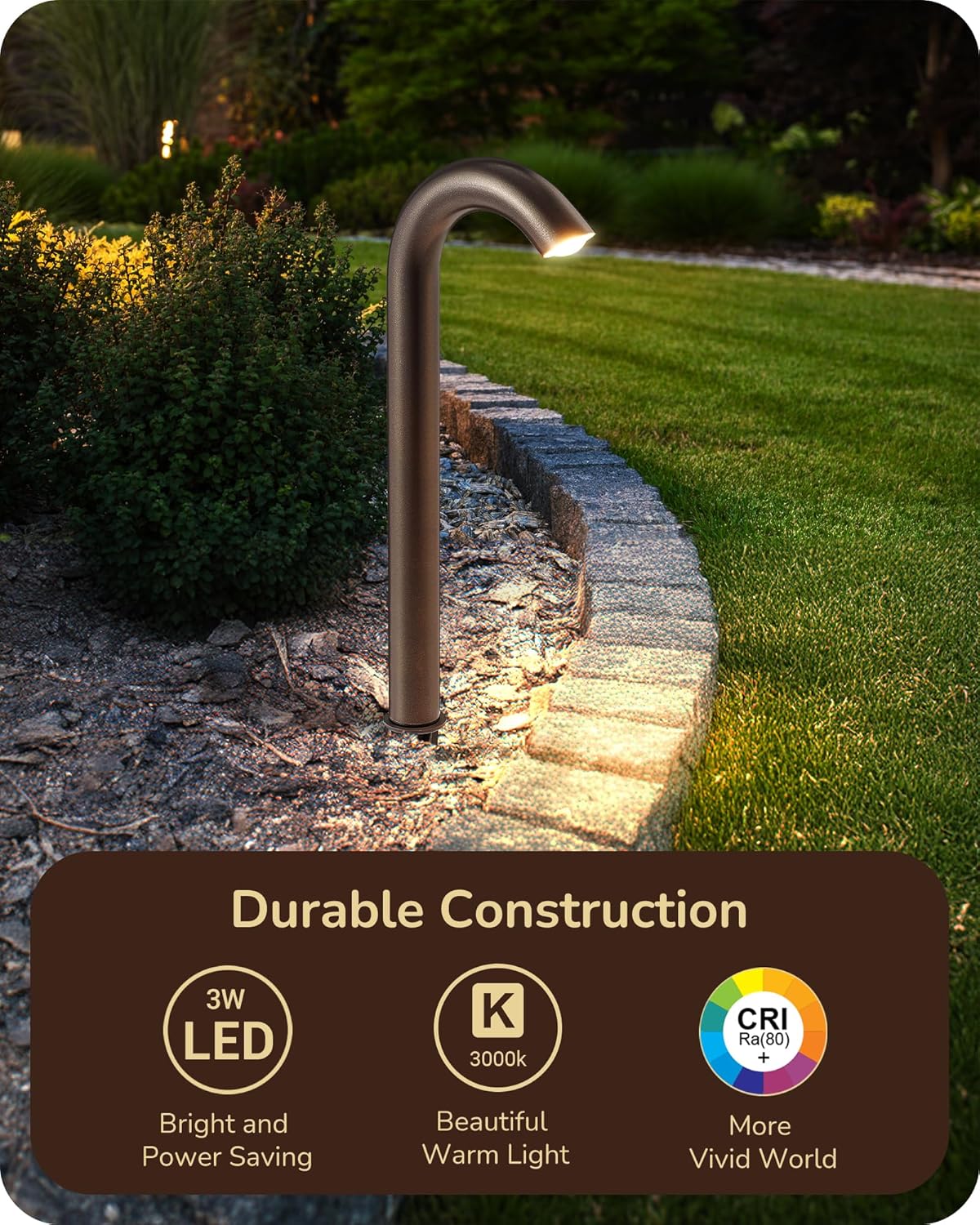 EDISHINE Bronze Low Voltage Landscape Lighting, 3W 3000K 200LM Bright LED Pathway Lights Wired, IP65 Outdoor Landscape Lighting & Accessories, CRI80 Aluminum Bent Pipe Path Light for Garden Yard