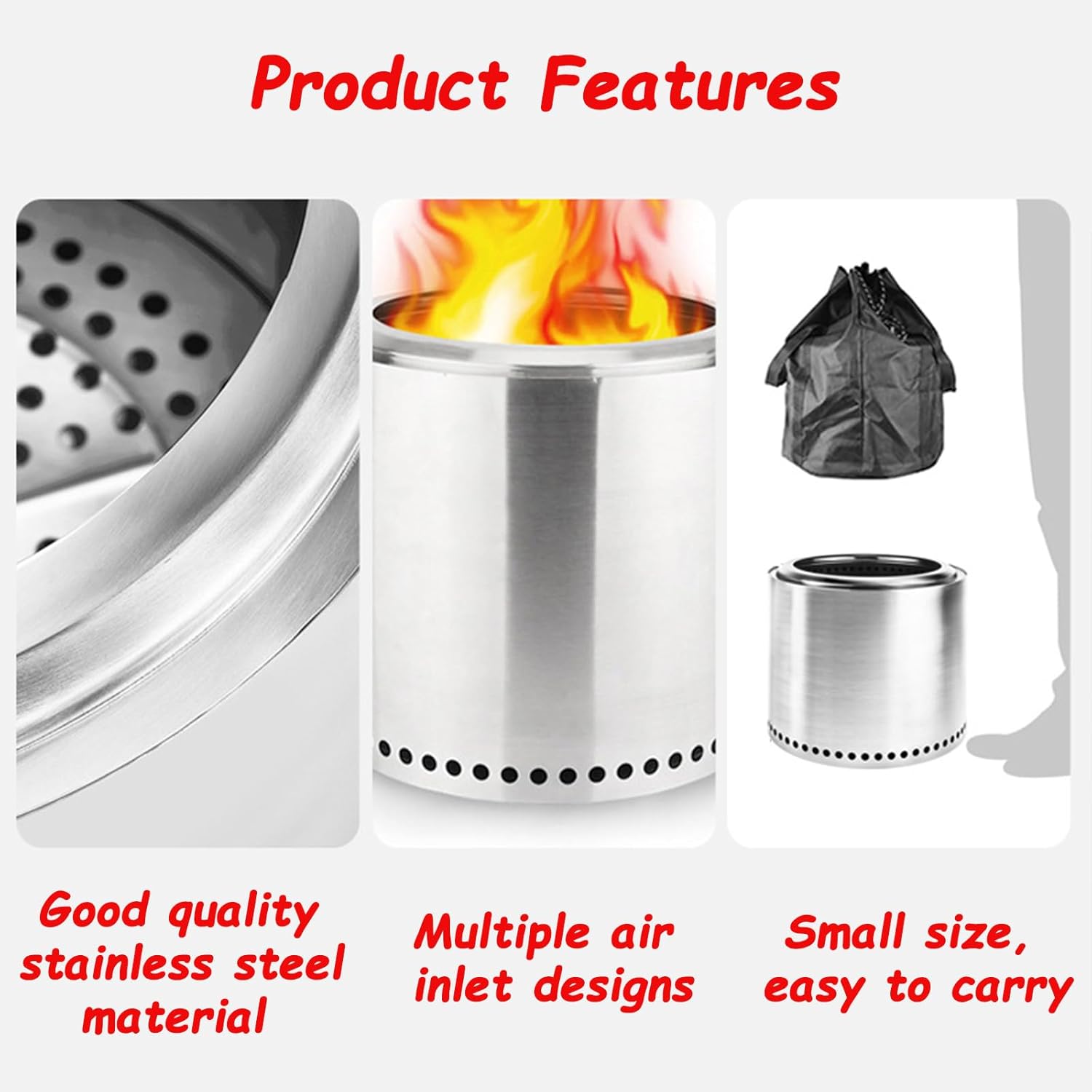 Smokeless Fire Pit with Removable Ash Pan, Portable Outdoor Wood Burning Fireplaces Stainless Steel, for Backyard,Patio, Camping and Beach(Size:14.17 * 13.38in) (19.68 * 15.74in)