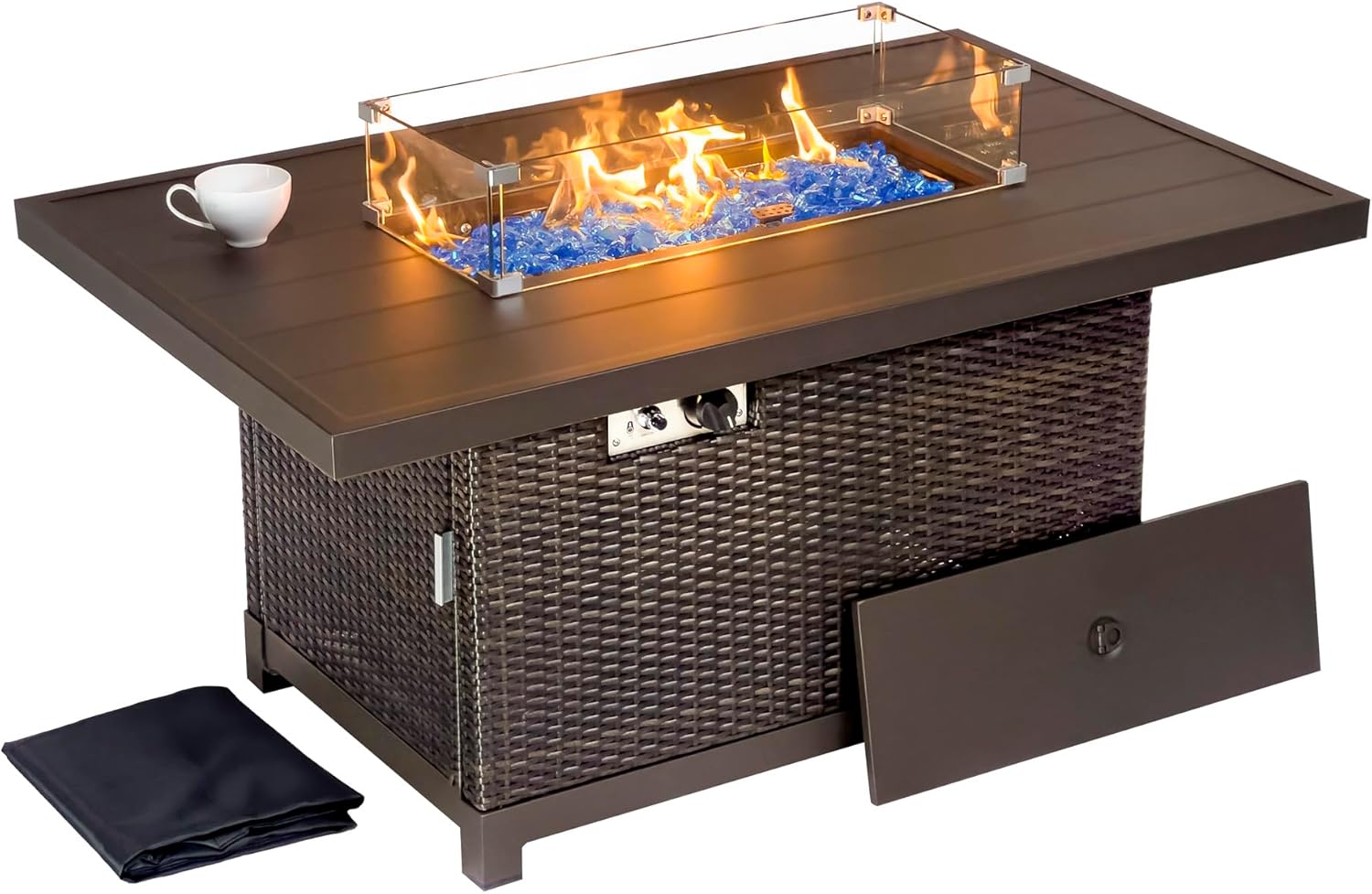 Kinger Home Novi Rattan 52-Inch Propane Gas Fire Pit Table with Rectangular Aluminum Frame, 50,000 BTU Outdoor Patio Firepit, Includes Wind Guard and Fire Glass, Brown
