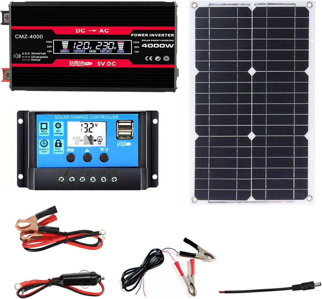 110V/220V 4000W Solar Panel Kit with 30A Controller and 18W 18V Solar Panel, Complete Solar Power System(Black,12V-110V)