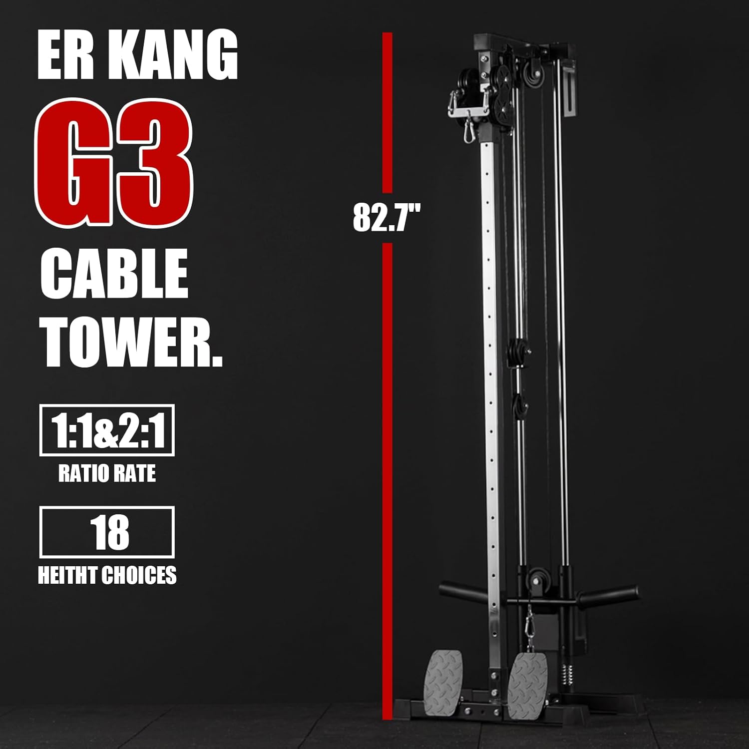 ER Kang Cable Station Wall Mount, 18in Pulley Tower, Dual Pulley System, High & Low Cable Machine, LAT Pull-Down & Row Tower with Flip-Up Footplate, Home Gym Cable Crossover, Black