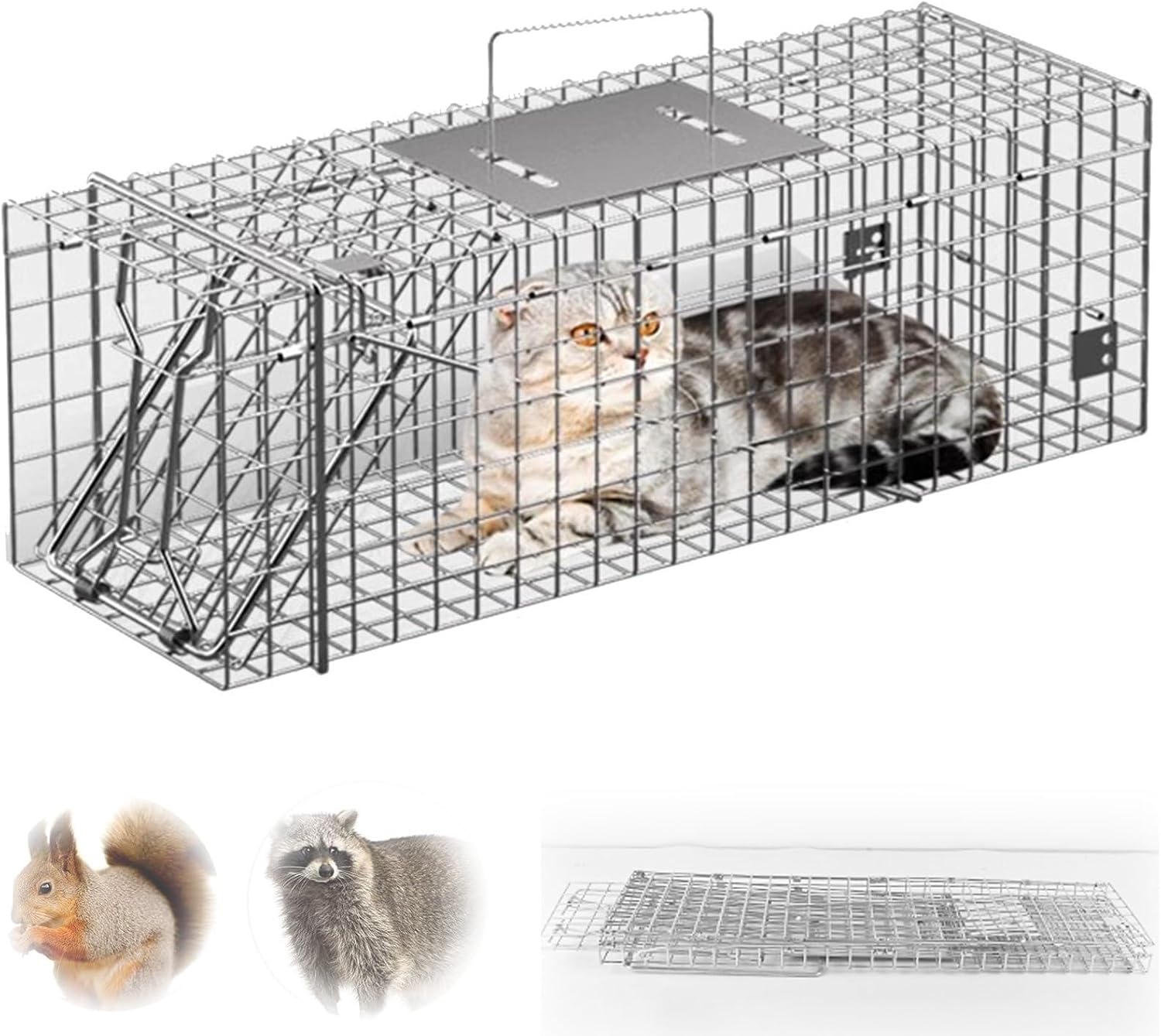 32 Inch Cat Trap for Stray Cats, Folding Live Animal Cage Trap Large Feral Raccoon Trap for Rabbits, Groundhog, Skunk, Squirrel