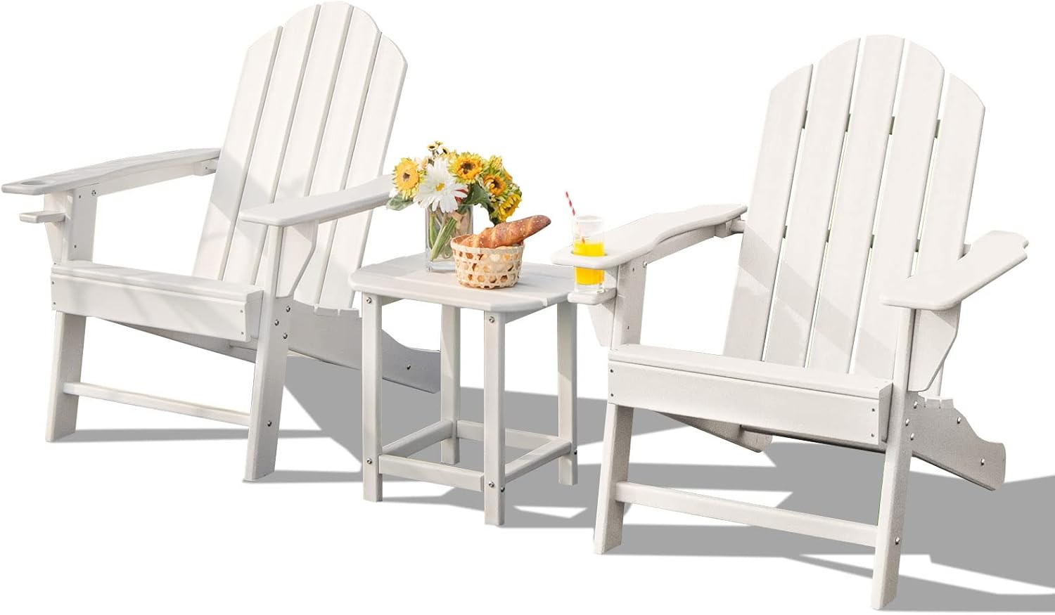 Giantex Folding Adirondack Chair Set, HDPE Weather Resistant Fire Pit Chair Set with 18-Inch Outdoor Side Table, Cup Holder, Lounge Set for Outside, Deck, Backyard, Porch, Poolside, White