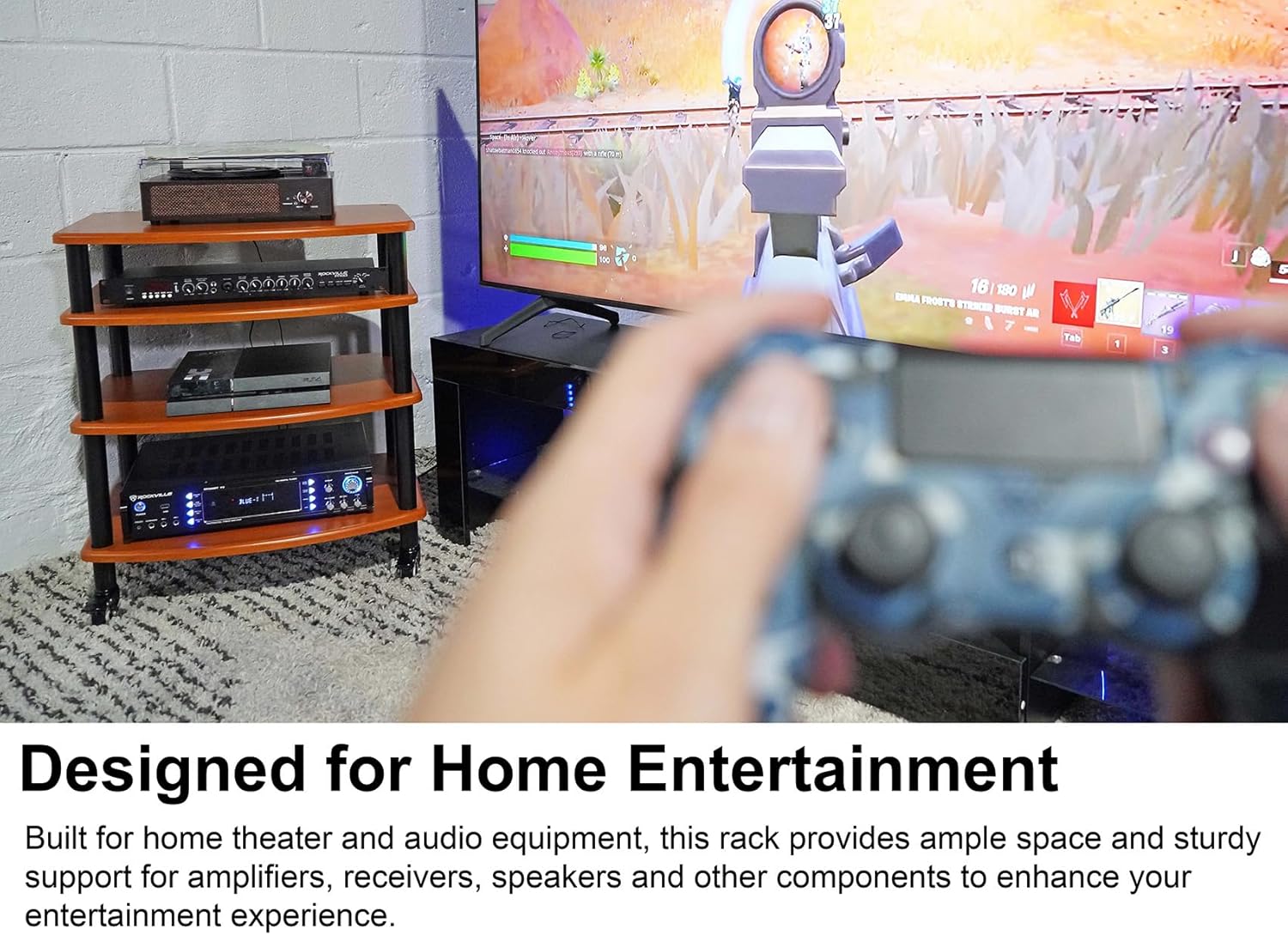 Rockville FLX Classic Wood Adjustable Height 4 Shelf A/V Rack Stand, Expandable Design, for Home Theater