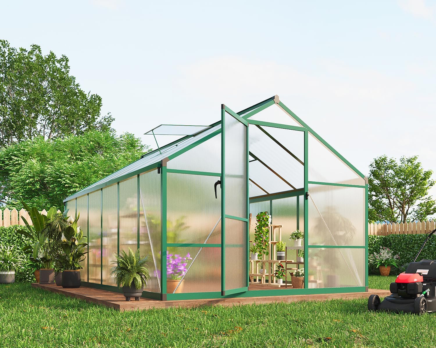 8x12 ft Greenhouse for Outdoors, Polycarbonate Greenhouse with Roof Vent, Ground Nails, Lockable Push Door, Aluminum Large Walk-in Green House for Outside Garden Backyard, Patio, Lawn, Green