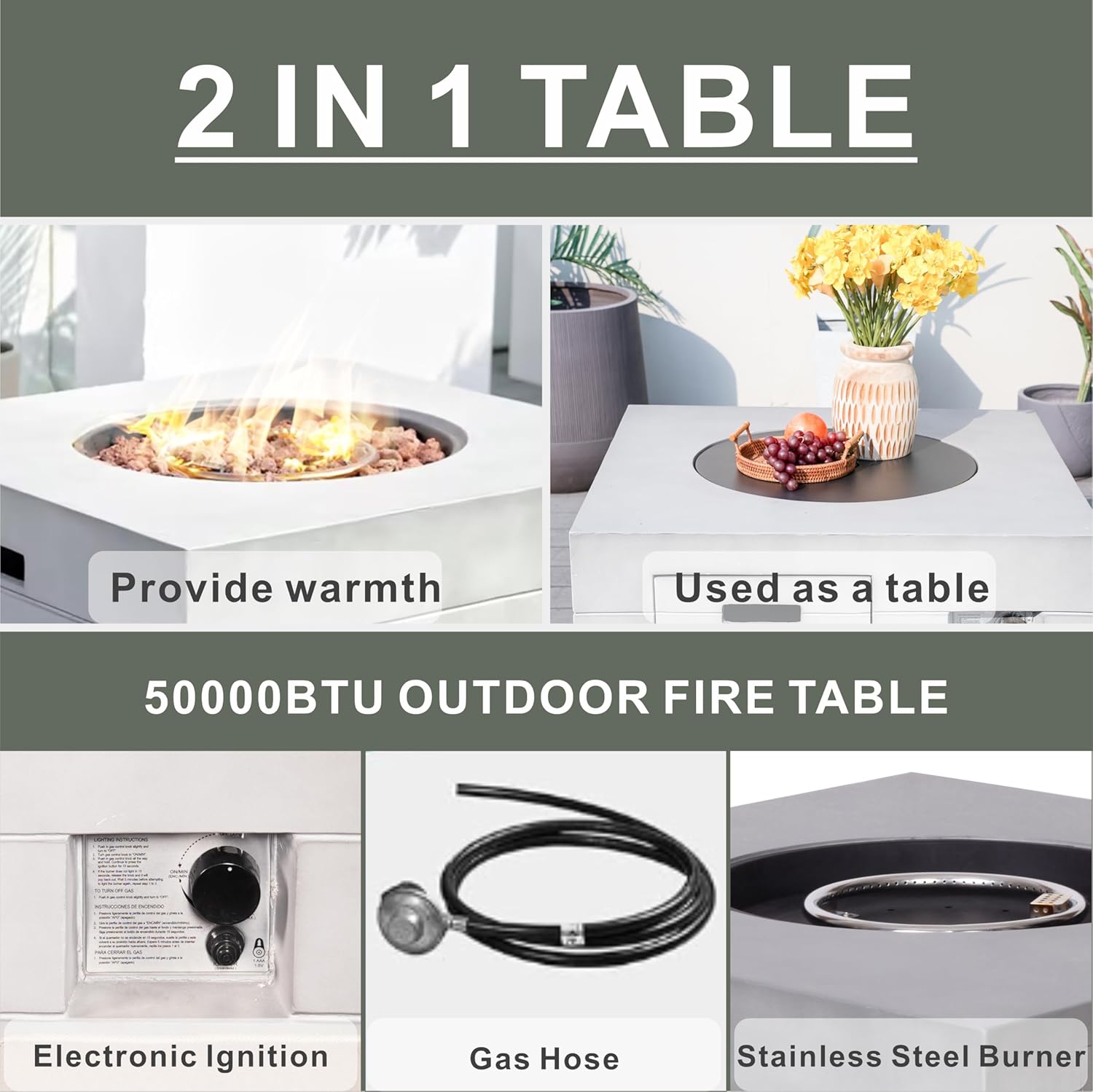 2 in 1 Outdoor Fire Table 50,000 BTU Gas Fire Pit & Coffee Table 34.5