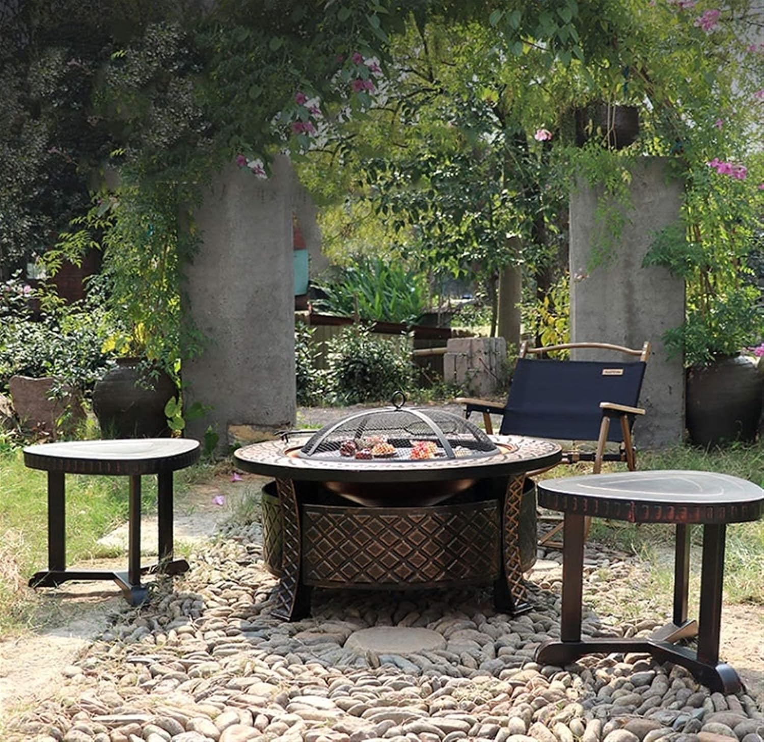 Fire Pit,Outdoor Oil Rubbed Fire Pit with BBQ Grill, Metal Poker Iron Mesh Ember and Spark Guard Screen Table Heating Charcoal Brazier Charcoal Stove