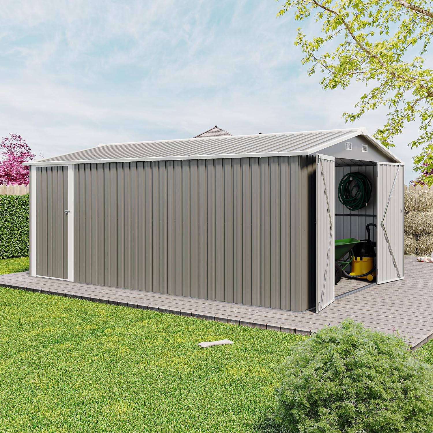 Outdoor Storage Shed Waterproof Metal Garden Tool Bike Sheds Kit Lean to Backyard Storage Building Cabinet House Small Metal Compact Garden Shed,10 * 14FT Light Gray