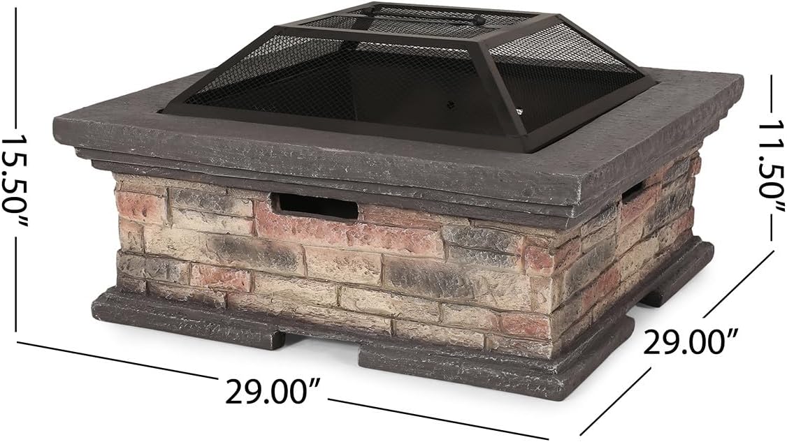 Outdoor Heaters for Patio – Smokeless Fire Pit Table Square Faux Stone-Look Base Steel Fire Bowl Mesh Spark Screen Lid & Poker Wood-Burning Outdoor Fireplace for Backyard