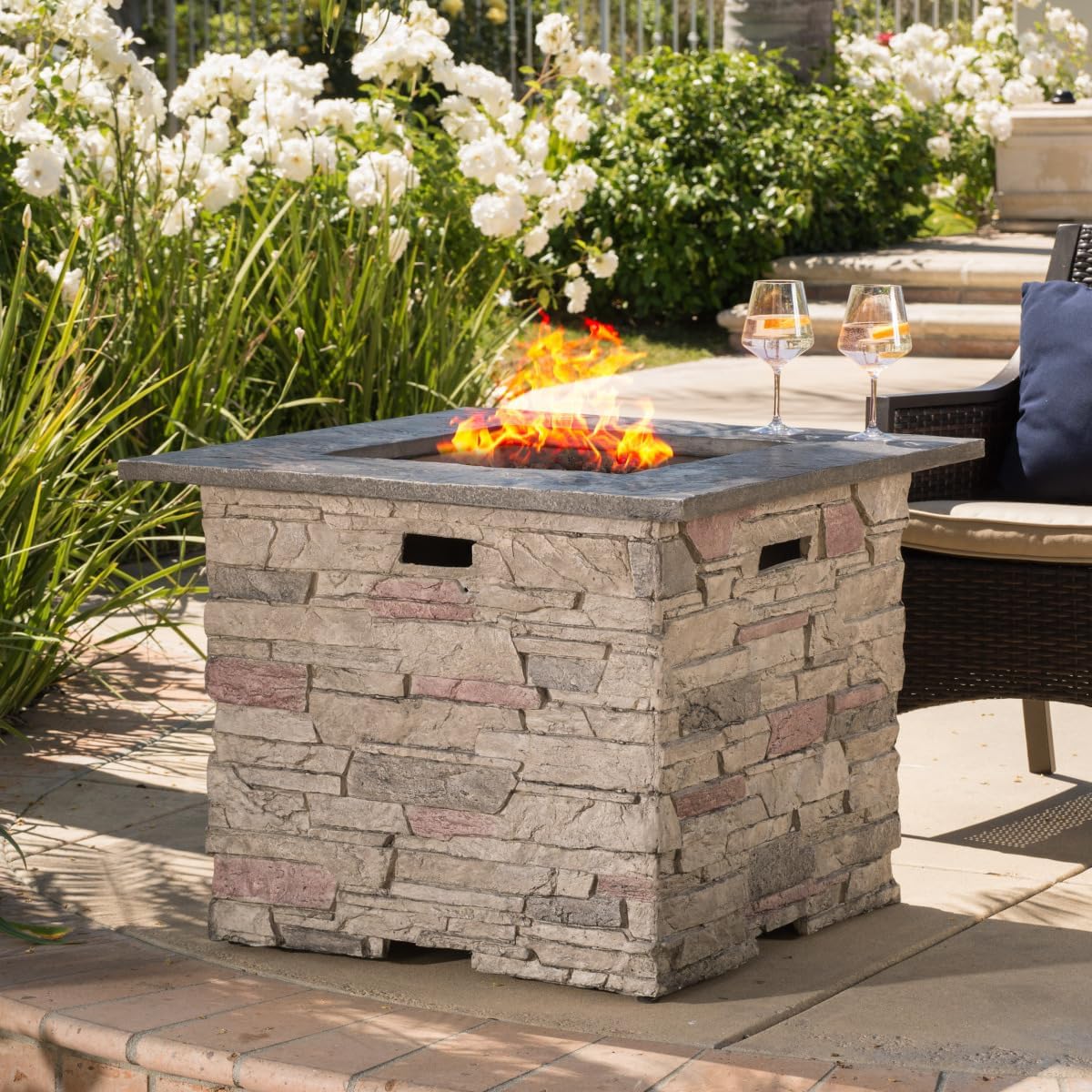 32-Inch Square Lightweight Concrete Propane Fire Pit with Gray Finish, 40,000 BTU, No Assembly Required, Includes Tank Space