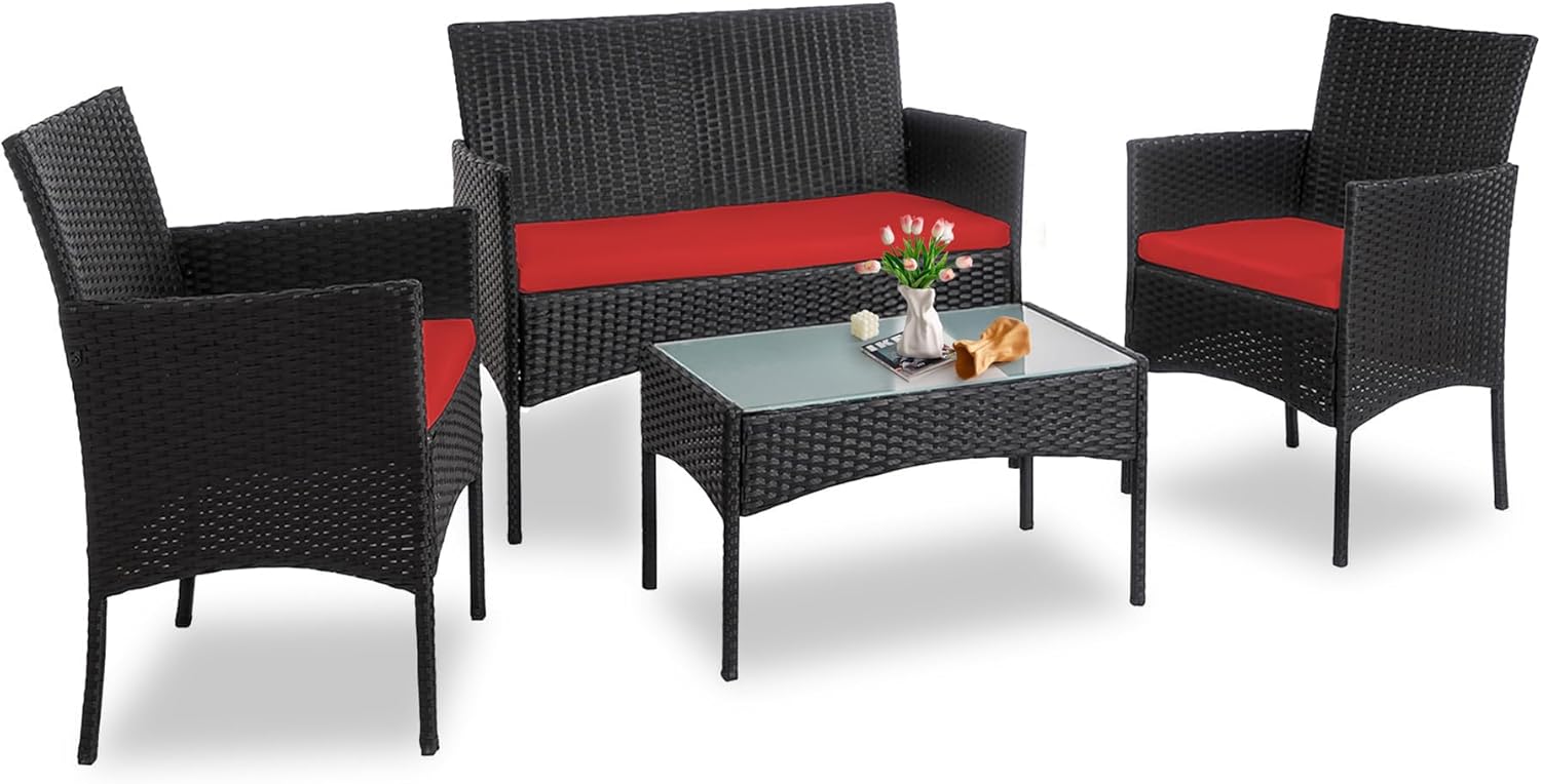 PROHIKER 4 Piece Outdoor Wicker Patio Conversation Furniture Set, Rattan Chair Wicker Sofa Garden Conversation Sets with Cushion and Glass Table for Yard Pool or Backyard, Black/Red
