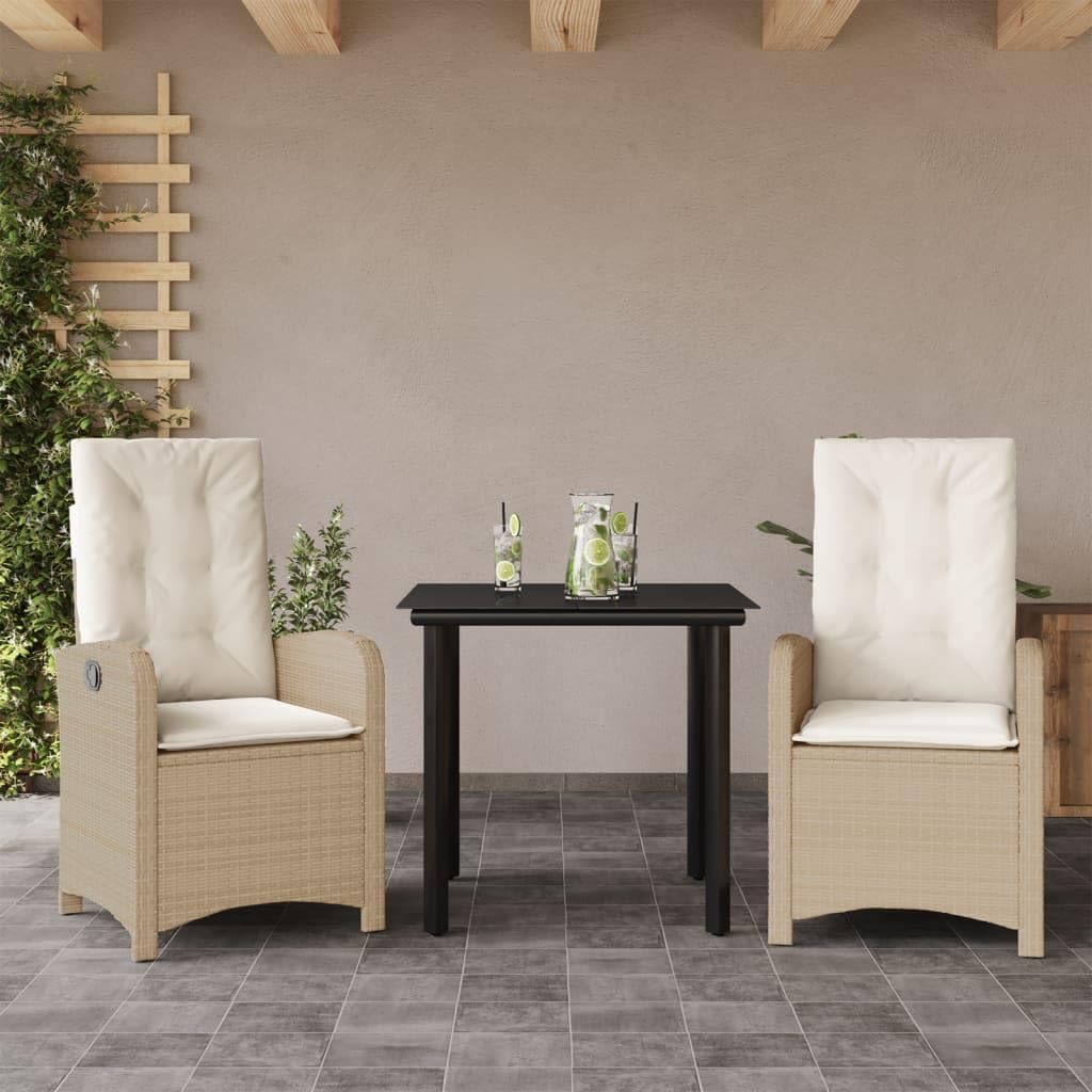 3 Piece Patio Dining Set with Cushions Beige Poly Rattan,Versatile Outdoor Dining Set with Adjustable Backrest and Durable Rattan Construction Furniture Sets for Patio, Lawn & Garden