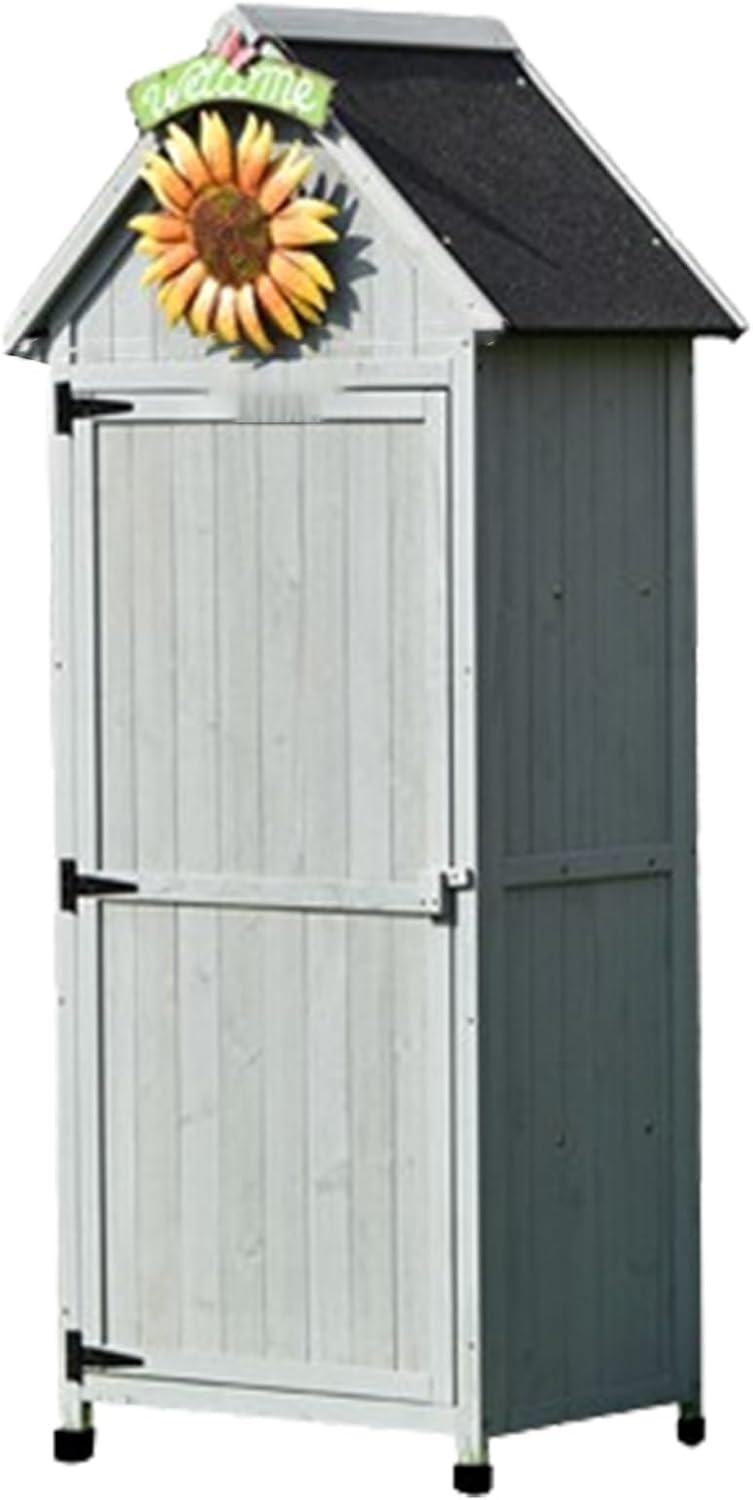 Outdoor Storage Shed with Floor, Wooden Outdoor Storage Cabinet, Fir Wood Garden Storage Cabinet Outside Vertical Unit Tool Lockers with Shelves, Door, Waterproof Roof (One Color Gray)