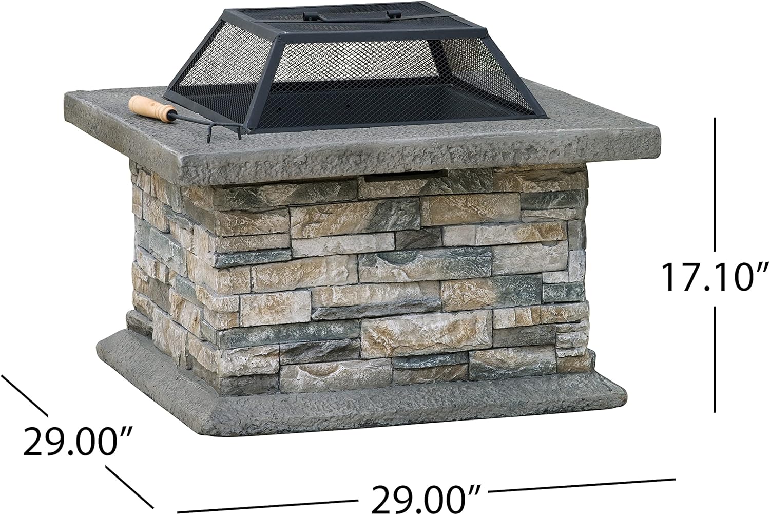 28 Inches Square Fire Pit in Stone Gray – Outdoor Steel Fire Pit with Spark Screen Poker, Durable Portable for Backyard, Patio, Camping (1 Doors)