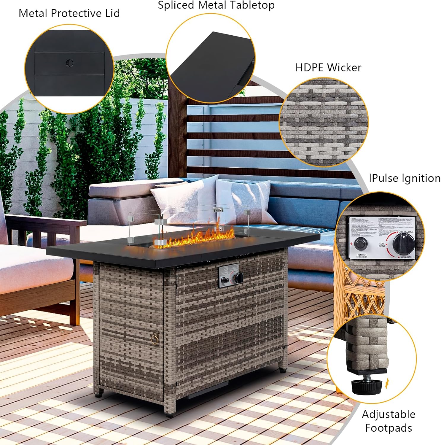 43 Inch Gas Fire Pit Table, Patio Outdoor Propane Fire Pits with Removable Lid and Lava Rock, 50000 BTU,Waterproof Cover and Tables for Patio Garden (Brown)