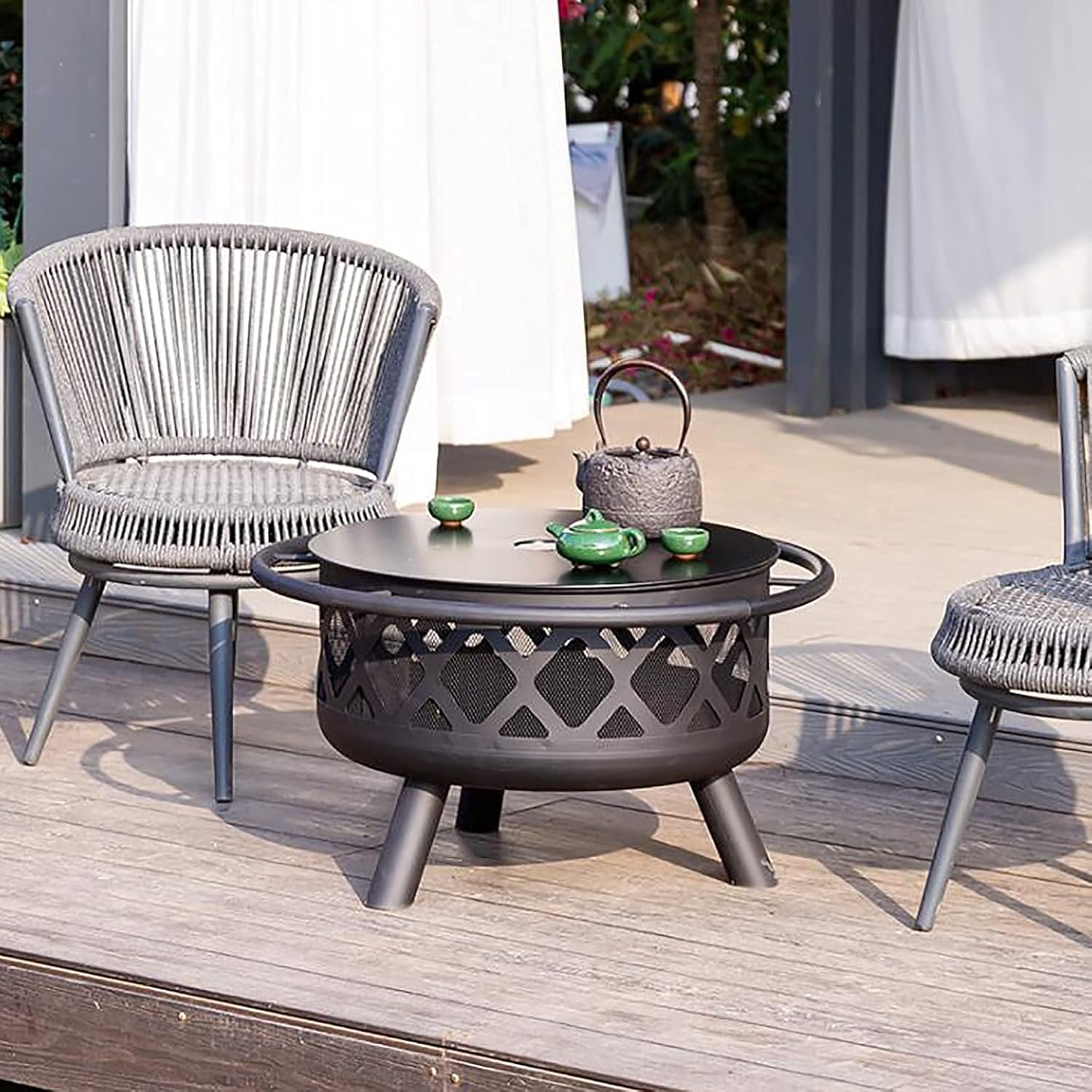 Backyard Patio Garden Stove Wood Burning BBQ Fire Pit with Spark Screen Cover,Poker,Fire Pit Cover,Grill for Campfire Bonfire,Square