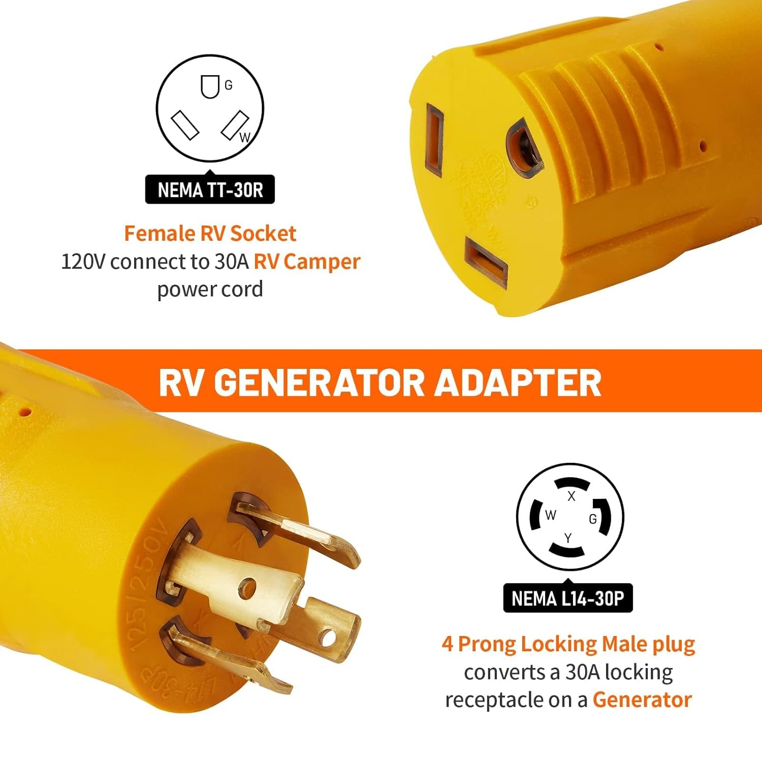 MECMO L14-30P to SS2-50R 14-50R TT-30R 30 Amp RV Generator Adapter, 4 Prong 30A L14-30P Locking Male 125/250 Generator Plug to 30Amp RV & 50Amp Twist Lovk RV & 50 Amp RV/EV Charger