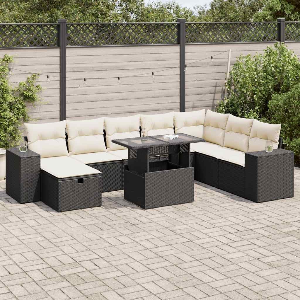 9 Piece Modular Outdoor Sofa Set Black with Cream Cushions, Rectangular Poly Rattan Furniture for Patio Garden, Weather Resistant Storage Seating, Easy Maintenance Removable