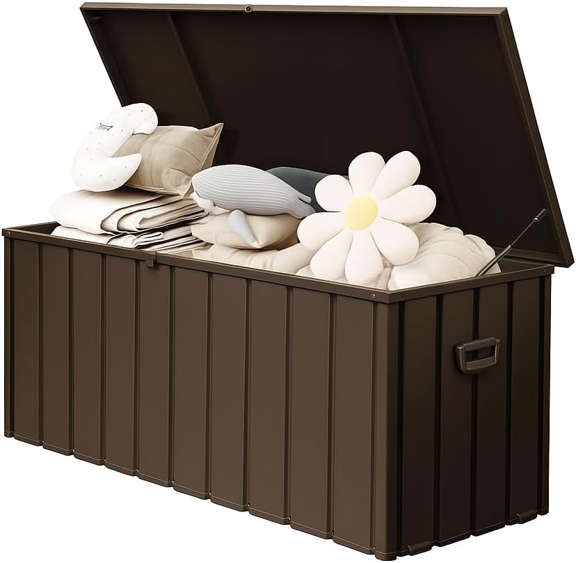 190 Gallon Metal Deck Box, Waterproof Steel Outdoor Box, Large Patio Furniture Storage Cabinet, Lockable Storage Bench for Porch Package Delivery, Pillows, Cushions, Pool, Tools, Backyard (Dark Brown)