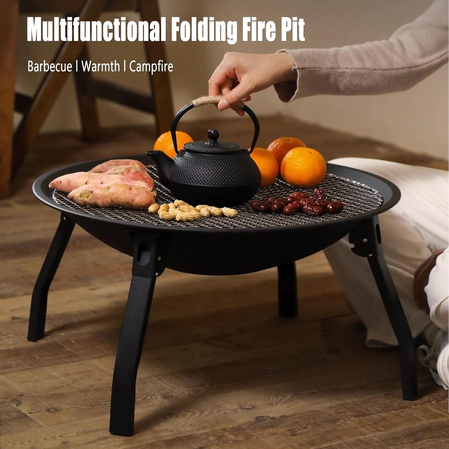 TemkIN Wood Burning Fire Pits for Outside, Folding Metal Fire Pit Table with Cover & Rain Cover, Cooking BBQ Grill, for Camping Picnic Cooking BBQ, Black