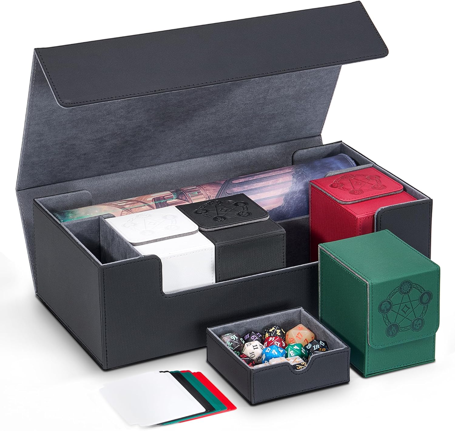 MTG Card Box Set with 4 MTG Deck Box, 8 Dividers, Dice Compartment/Playmat Slot, Trading Card Storage Organizer Fits for Magic, TCG, CCG, Black/Grey