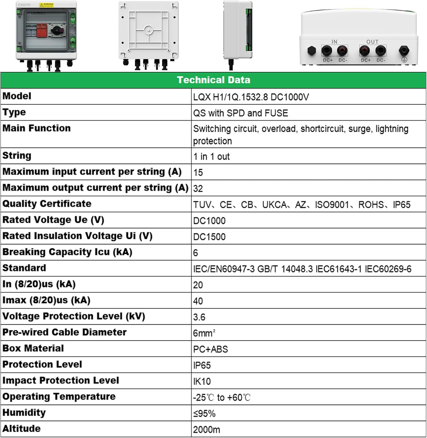 IP65 Solar PV Combiner Box DC1000V 32A Circuit Breaker with Surge Protector and 15A PV Fuses, 1in 1out Disconnect Switch Outdoor Waterproof for Solar Panels System