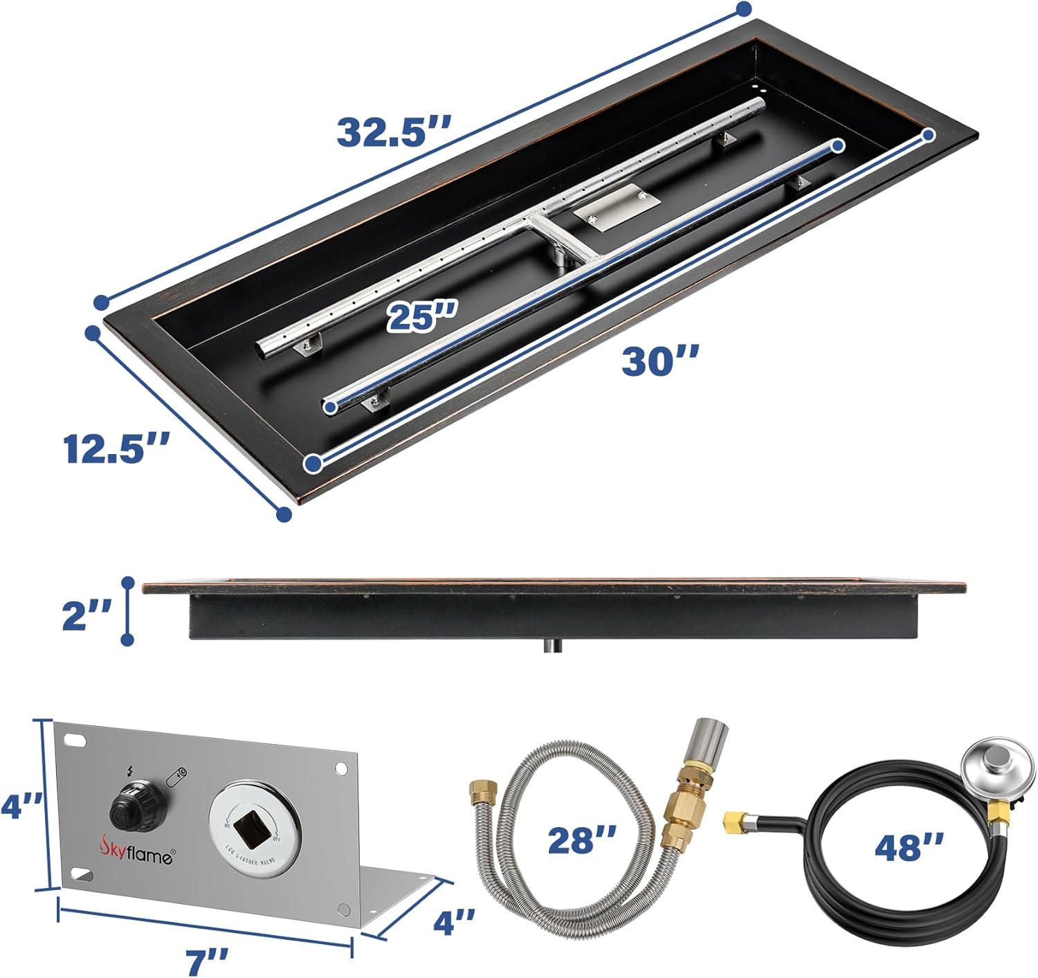 Skyflame 30 x 10 Inch Rectangular Fire Pit Pan Kit, Black Drop-in Fire Pit Pan and Burner, Come with Spark Ignition and Propane Hose, Indoor/Outdoor Fire Pit, Fire Table DIY Decorative