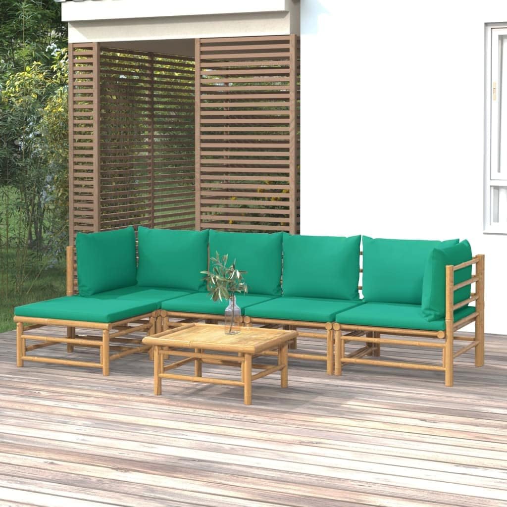 6 Piece Patio Lounge Set with Green Cushions Bamboo,Elegant Bamboo Patio Lounge Set for Relaxing and Dining Outdoors Patio Furniture Sets, Outdoor Furniture Sets