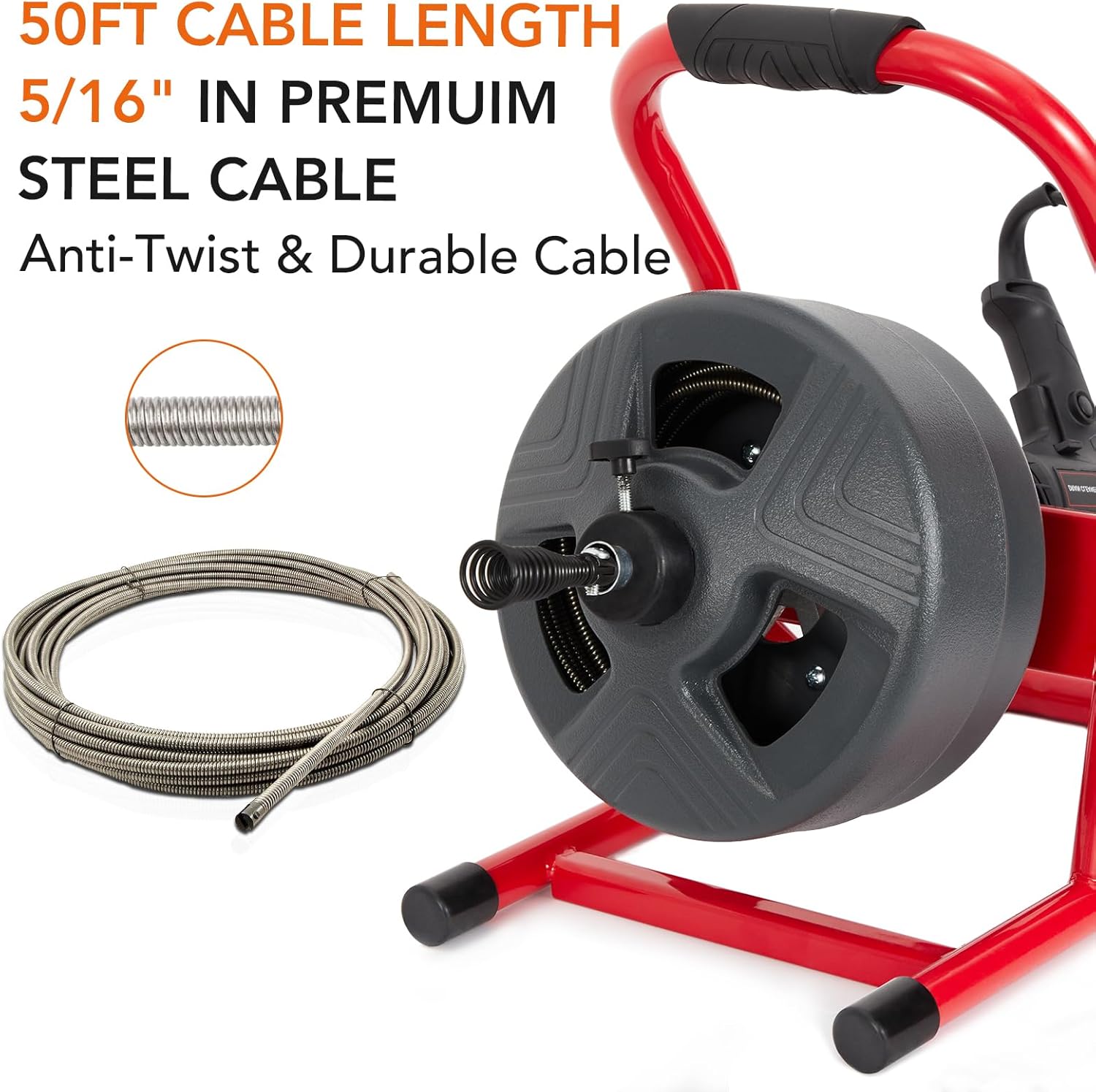 PioneerWorks 50Ft x 5/16 Inch Drain Cleaner Machine, Drain Auger Professional for 3/4 to 3 Inch Pipes, Foot Switch with 6 Cutters, Gloves, Drain Auger Cleaner Sewer Snake