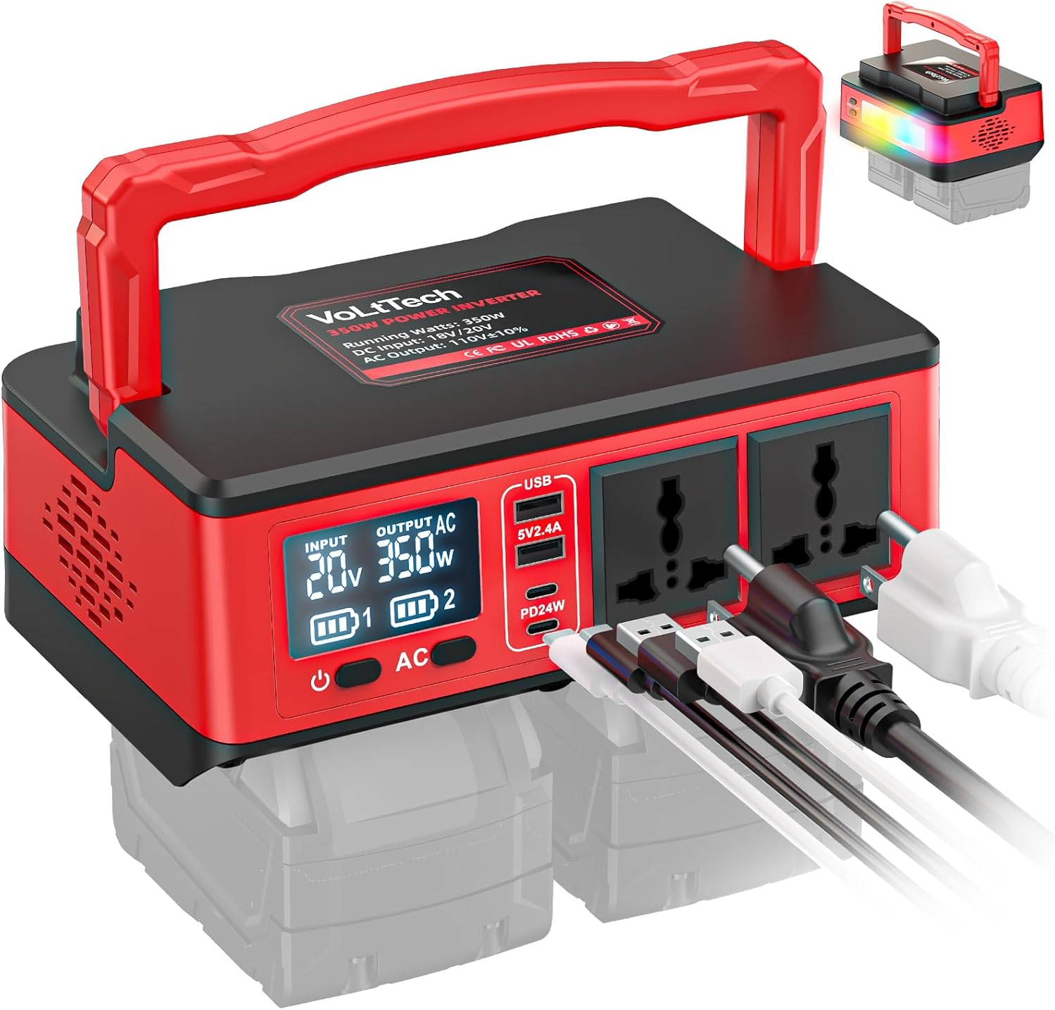 350W Power Inverter Compatible with Milwaukee: VoLtTech Portable Battery Adapter Phone Charger DC 18V to AC 110V Camping Essentials with 2 USB-A & 2 Type-C & 2 AC & 7 Colors RGB Light (No Battery)