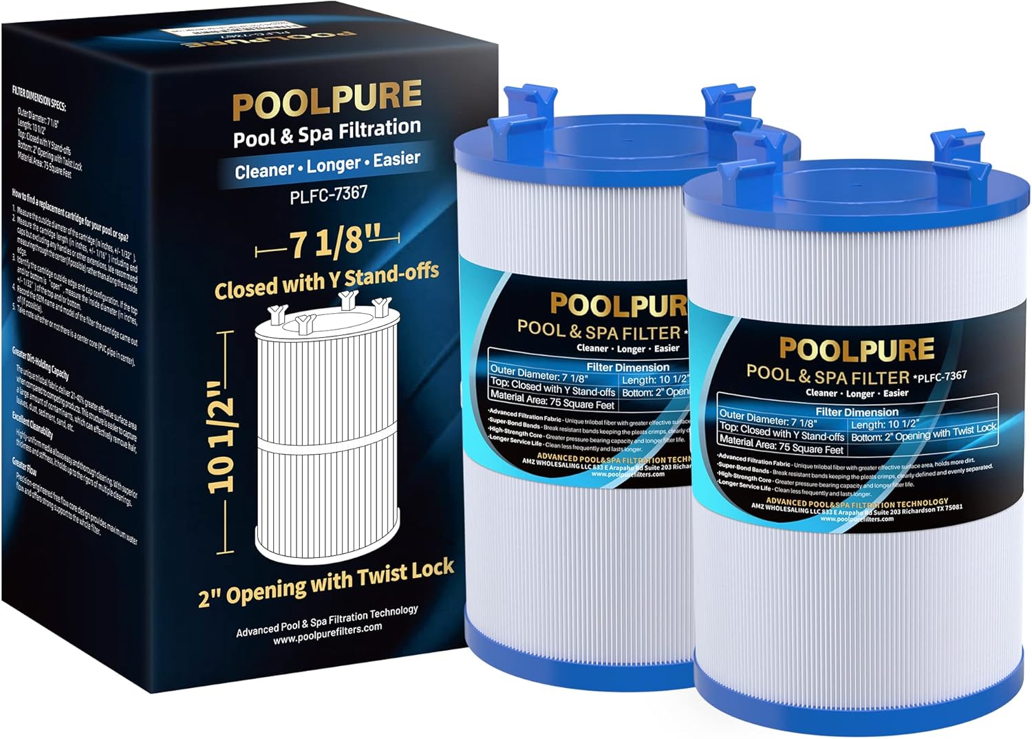 POOLPURE C-7367 Spa Filter Replaces PD075-2000, Dimension One 1561-00, Filbur FC-3059, Excel Filters XLS-7005, Aladdin 17541, Baleen AK-60035, 75 sqft Hot Tub Filter Cartridge 2PACK