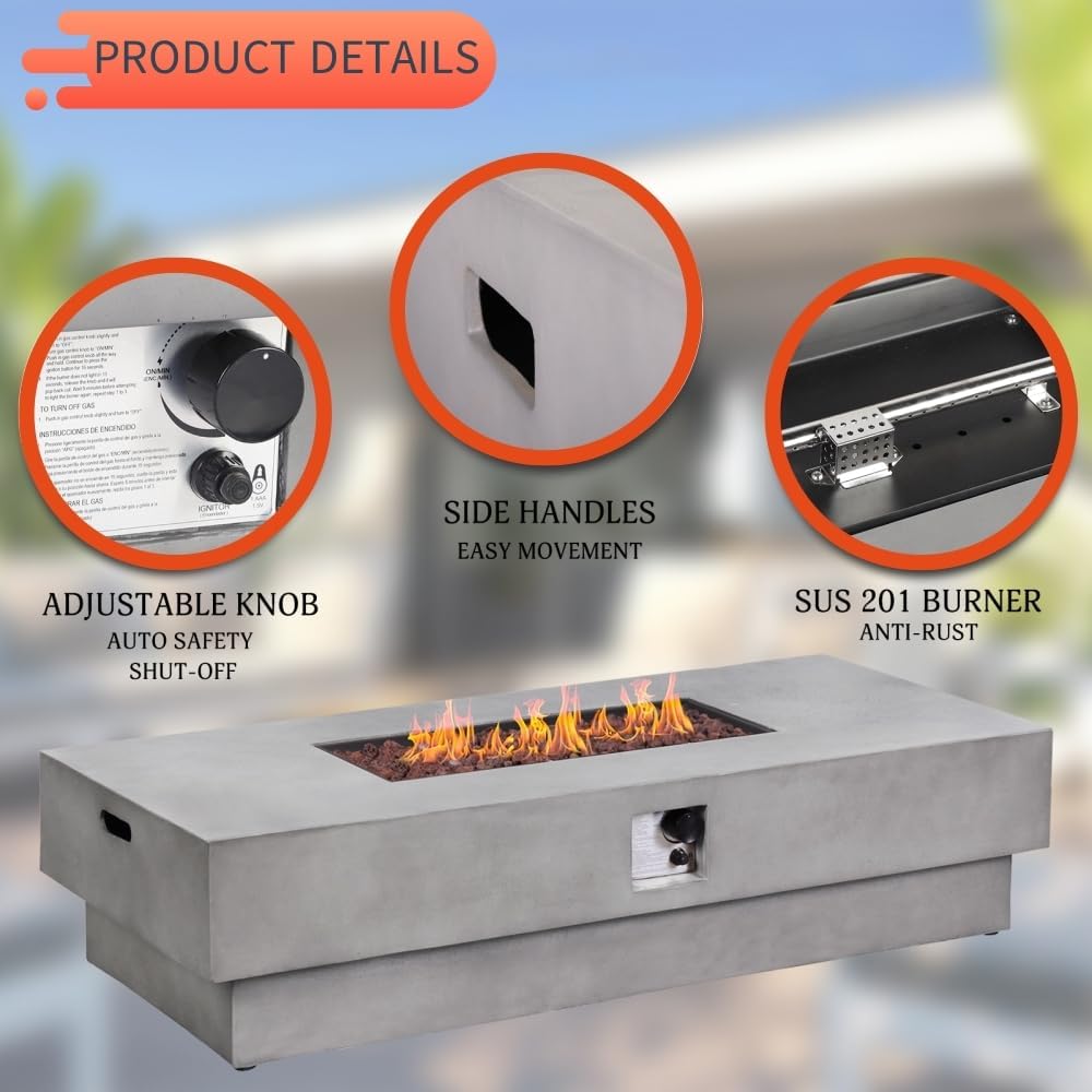 60inch Propane Fire Pit Table Set w Tank Cover Table, Gas FirePit 50,000 BTU Concrete Firepit Rectangular Large Outdoor Fire Pit w Side Table Coffee Table & Fire Pit Glass Wind Guard